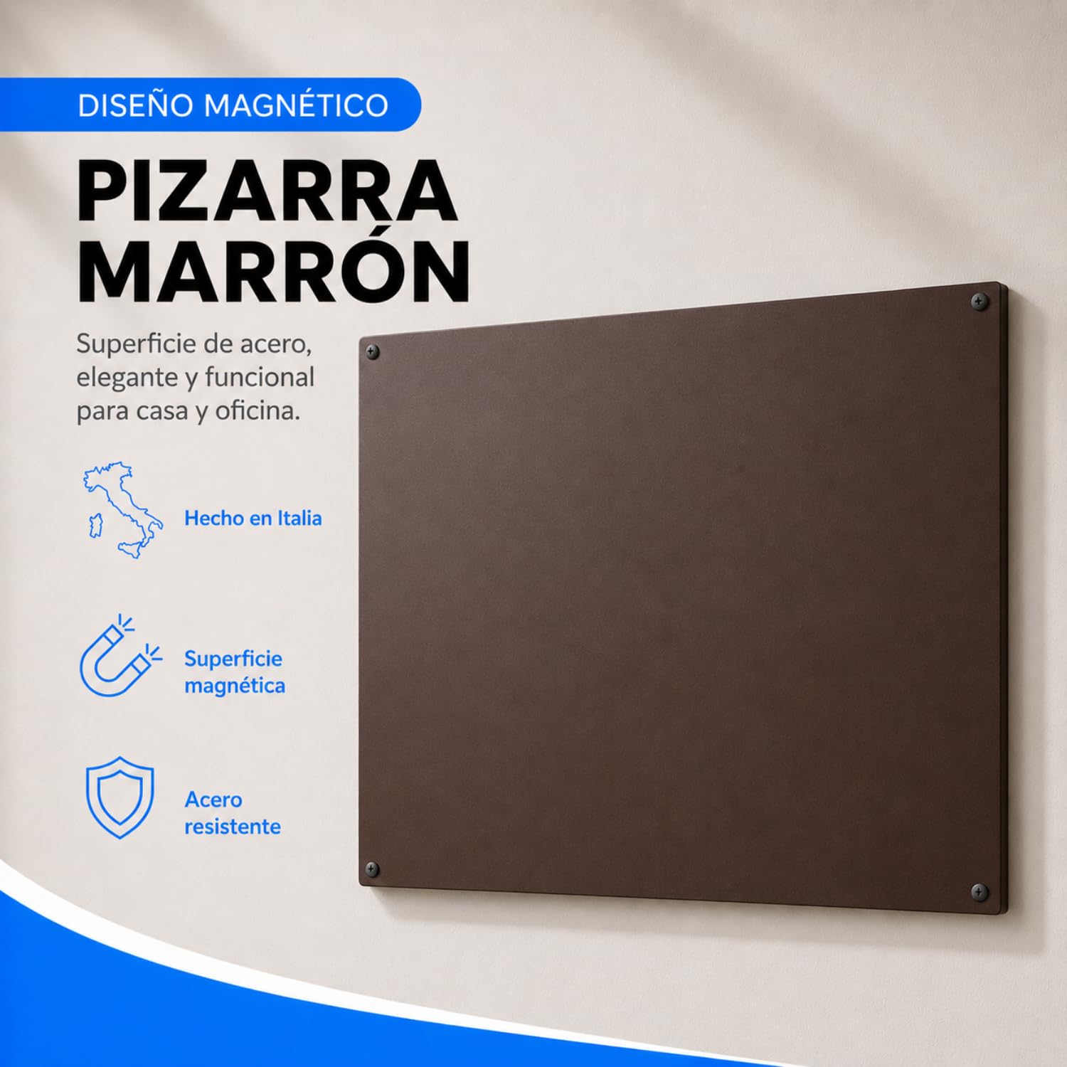 INOXLM Pizarra magnética de pared borrable de acero, marrón 60 x 44 cm, pizarra para imanes ideal para casa y oficina, rotulador blanco incluido - Made in Italy