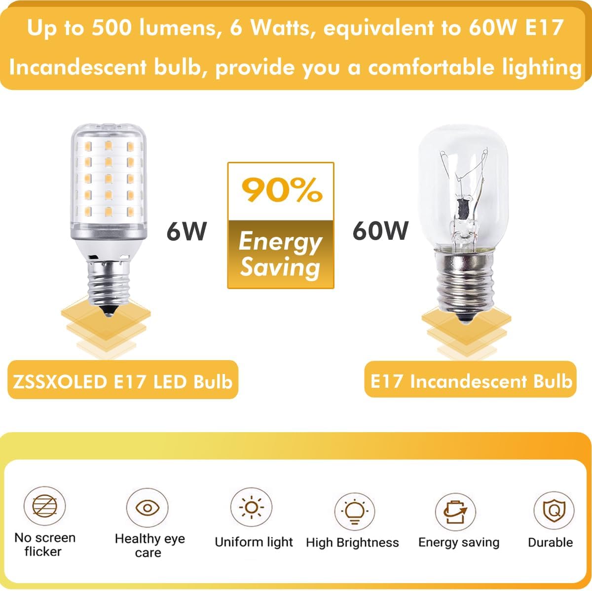 Microwave Light Bulb 6W E17 LED Bulb 60 Watt Incandescent Bulb Equivalent, E17 Light Bulb for Oven Under Hood Refrigerator Range Hood Appliance Warm White 3000K (Pack of 2)