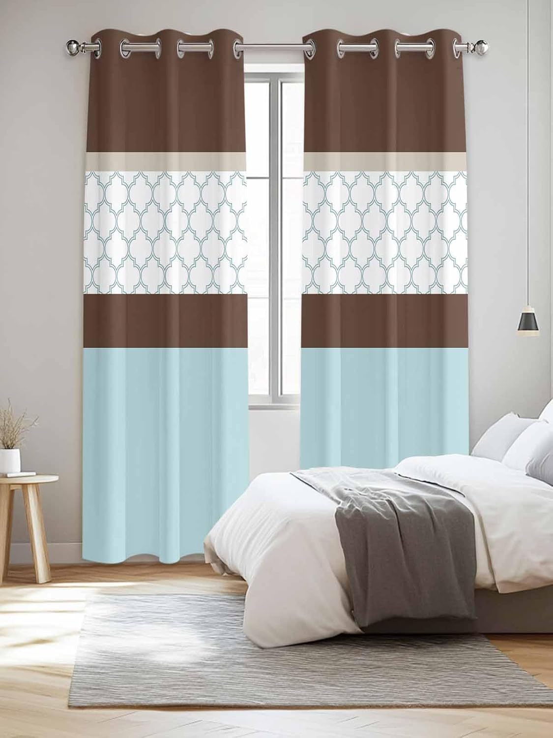Blue Brown Morocco Window Curtains Panels with Silver Grommet,Geometric Stripes Auqa Stitching Kitchen Cafe Curtain Draperies Window Treatment Set for Living Laundry Room/Bedroom/Bathroom/Cafe,84x84