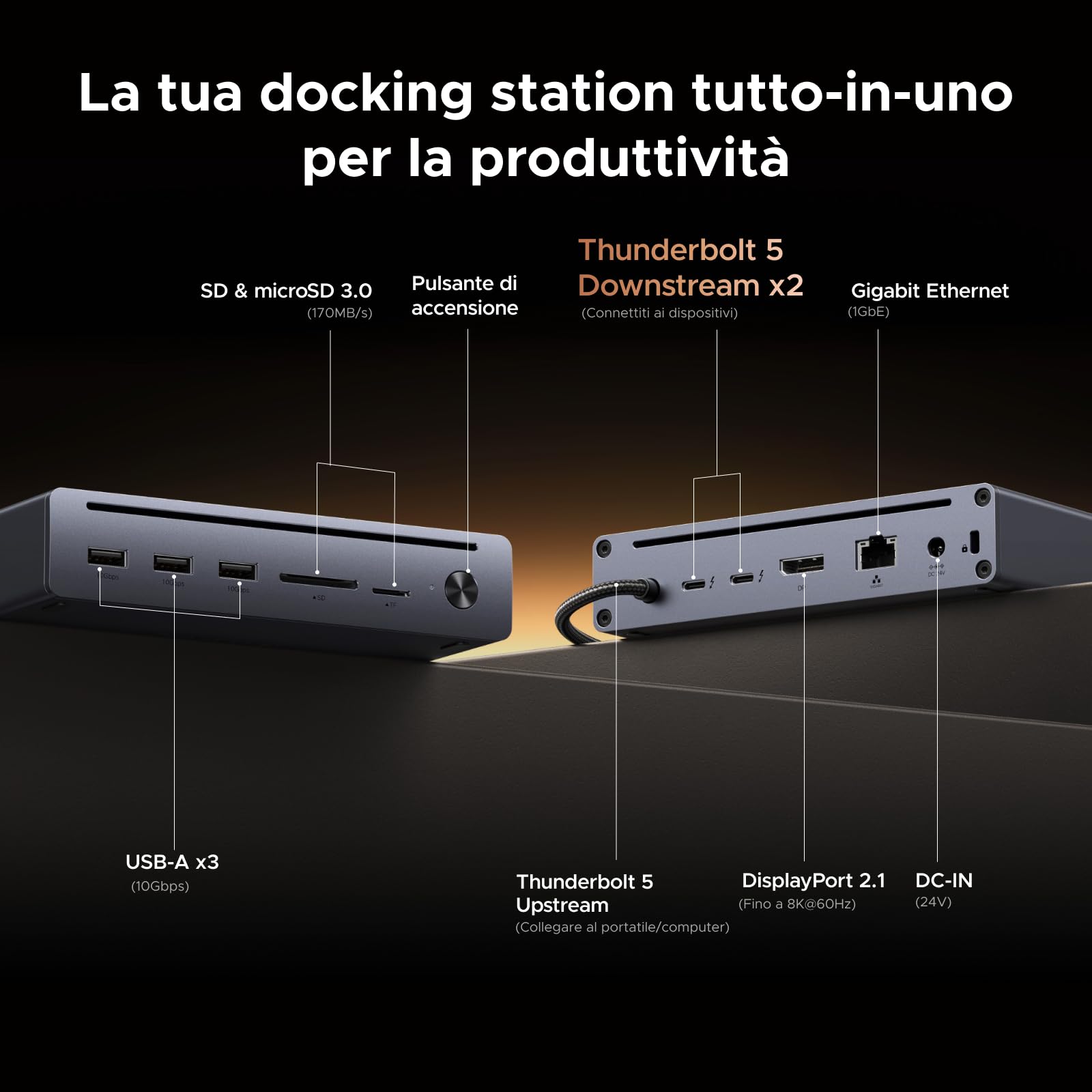 UGREEN Maxidok Thunderbolt 5 Docking Station Revodok 10 in 1 Hub USB C con 2*TBT5 120Gbps 8K60Hz DisplayPort Multi-Display 3*USB-A 3.2 10Gbps RJ45 Gigabit Lettore di Schede SD TF 110W Max Carica