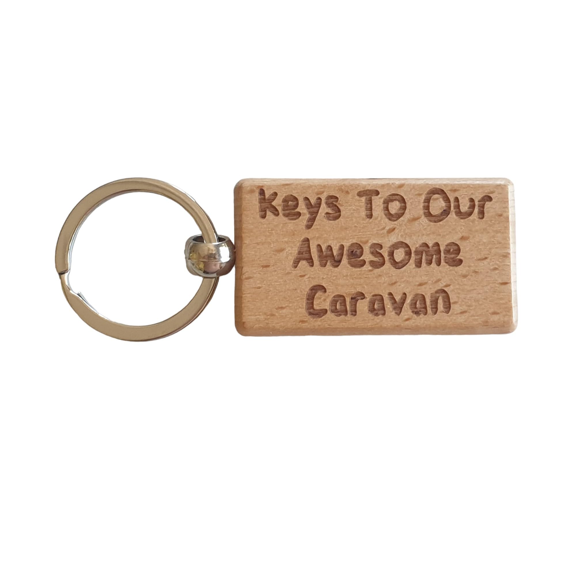 Decalarama Brown Caravan Keyring Gift - Keys To Our Awesome Caravan - Nice Cute Engraved Wooden Key Fob Novelty Custom Present