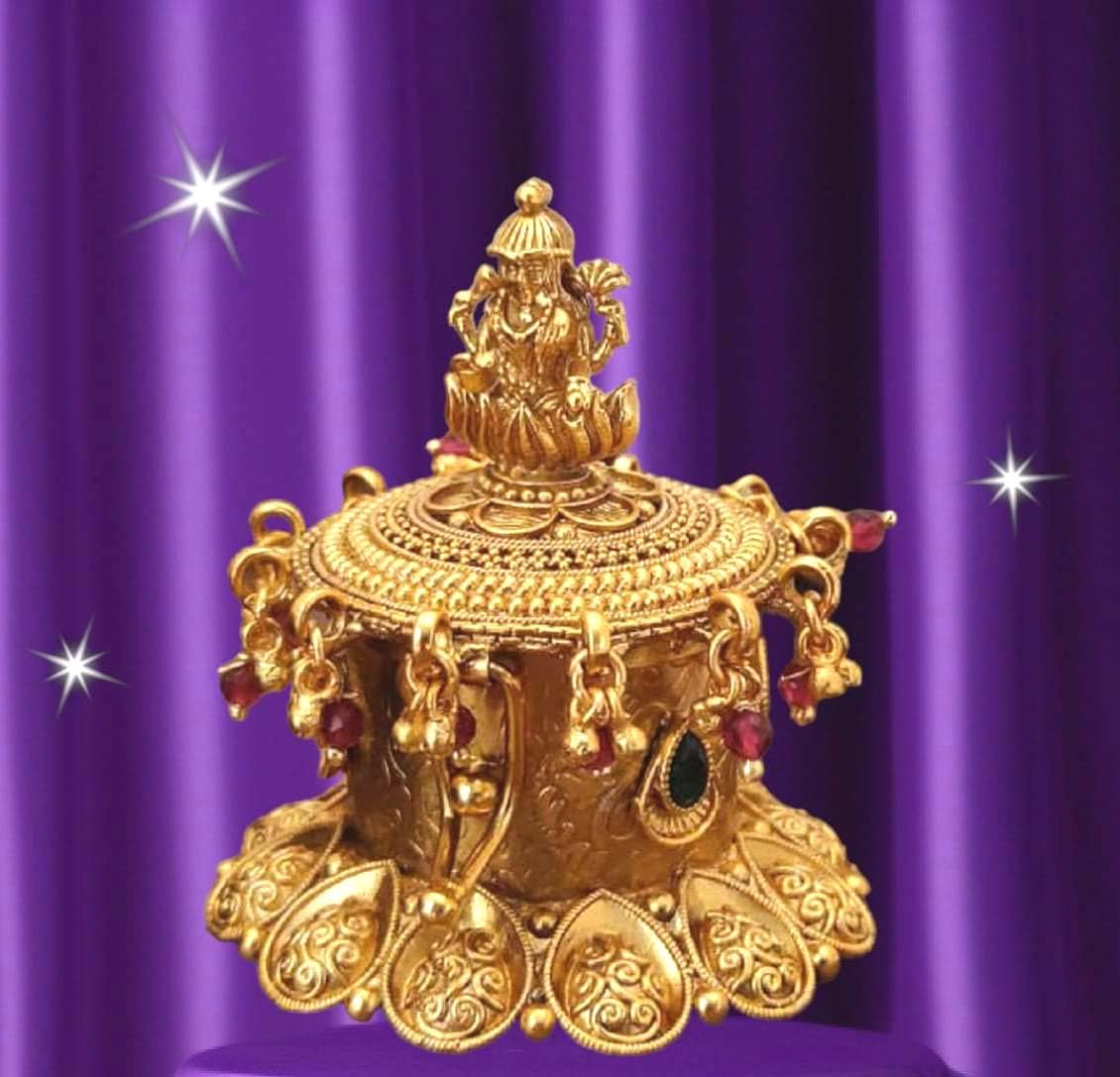 Denique Brass Sindoor Box Gold Plated Sidoor Pot Gold sindoor Dani/Wedding Gift/Pooja Accessory/Kumkum Dabbi,(OM) Laxmi Kempu StoneLatkan 4