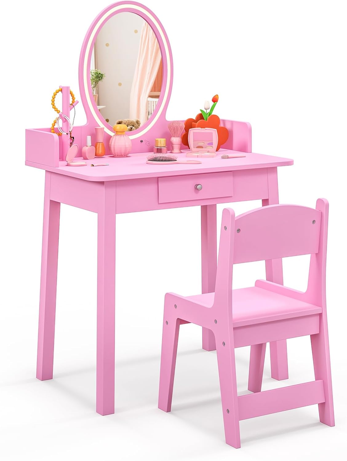 KOTEK Kids Vanity Table and Chair Set, Girls Vanity Set with Mirror and Lights, Jewelry Stand & Storage Drawer, Wooden Princess Dressing Table, Pretend Play Makeup Vanity for Toddlers Age 3+, Pink