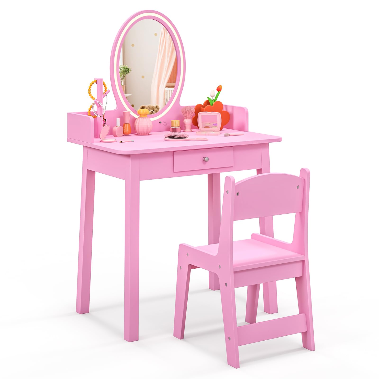 Maxmass Kids Vanity Table and Chair, Wooden Children Dressing Table with 2-Color LED Lights & Removable Mirror, Tree-Shaped Jewelry Organizer, Drawer, Princess Makeup Table for 3-8 Years Old (Pink)
