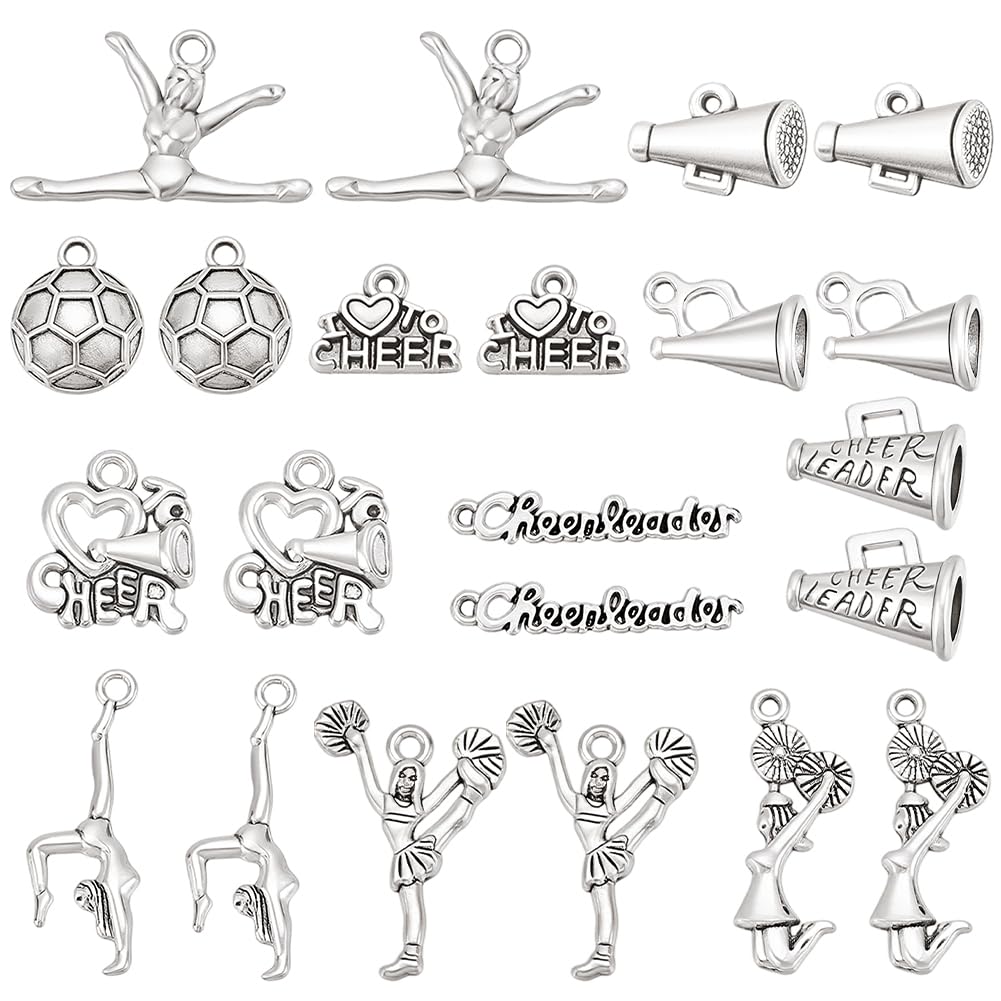 BEAMARKER 88Pcs 11 Styles Cheerleader Charms Antique Silver Cheerleading Theme Charms Tibetan Alloy Gymnastics School Sports Pendants Jewelry Making Supplies for DIY Necklace Bracelet Earring