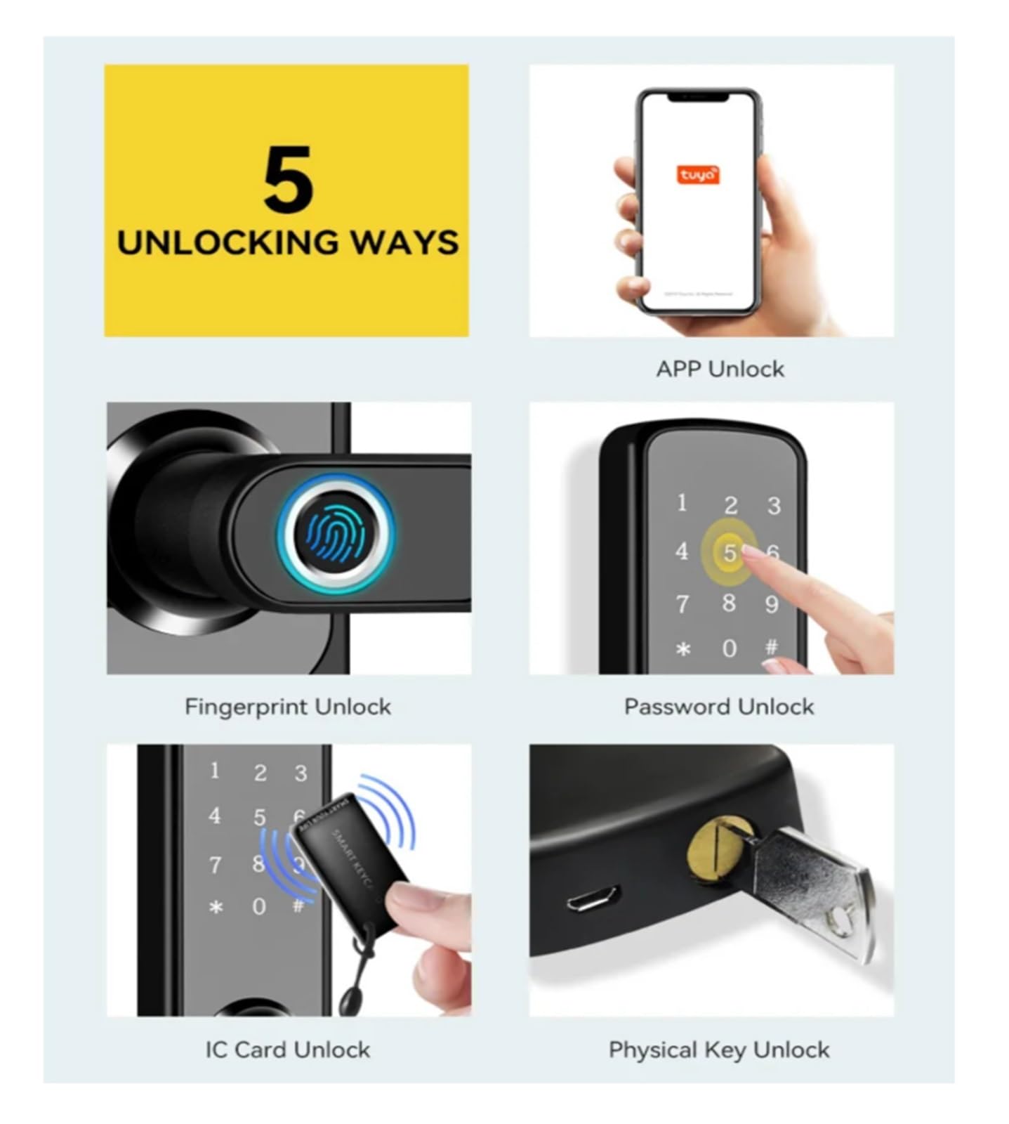Serrure de porte électronique intelligente, serrure de porte à empreintes digitales, entrée sans clé, avec poignée, contrôle par application, for le bureau et la maison(Silver)