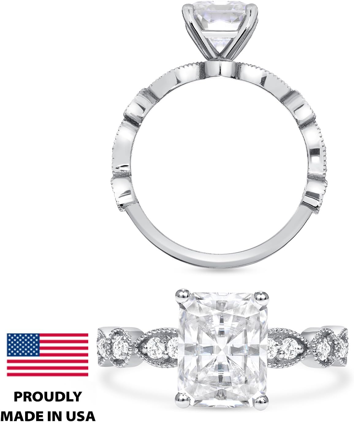 2 to 6 Carat Fancy Shape Moissanite Vintage Carved Milgrain Engagement Ring w 1/4 Carat Diamond in 14k White Gold (G-H, VS/SI, cttw DEW) Wedding Ring Size 4 to 11 Made in USA