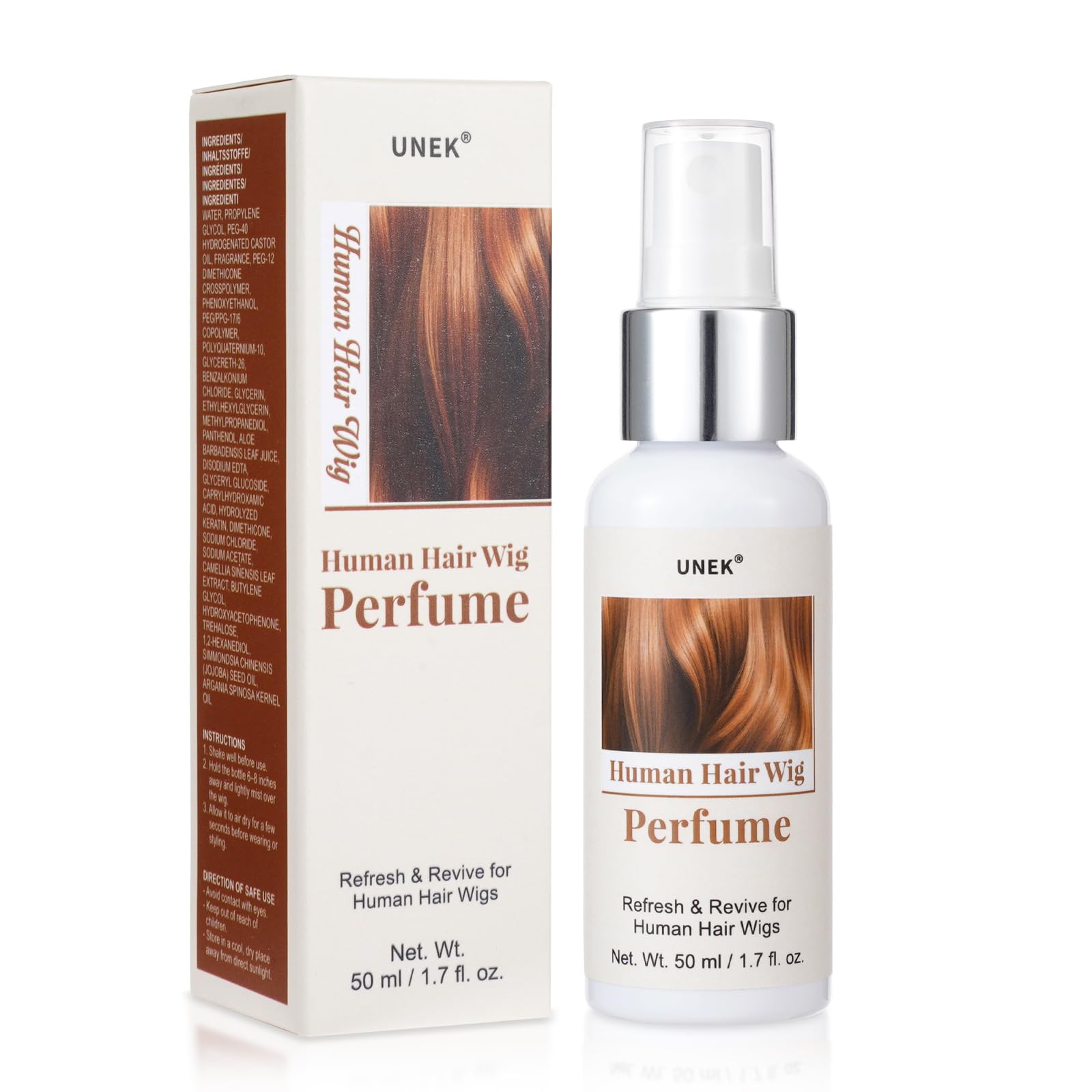 UNEK Parfum pour perruques au thé blanc – spray sans alcool, neutralise les odeurs, fraîcheur longue durée, parfum subtil pour perruques, extensions et postiches en cheveux naturels, 50 ml