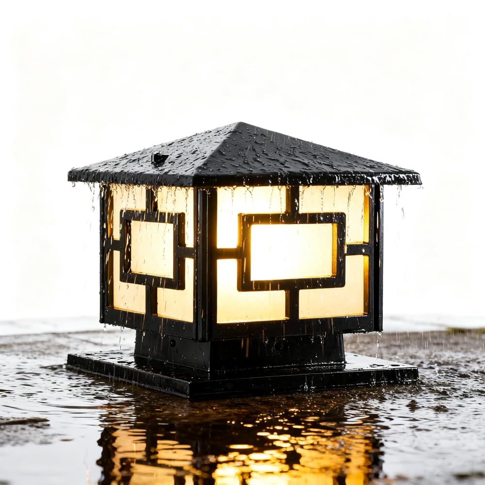 XINYASEE Modern Black Post Cap Light,Outdoor Waterproof Fence Poste Lamp with Traditional Geometric Design,LED Deck Post Lighting for Garden,Patio,Porch,Landscape Decoration(Black-30cm)