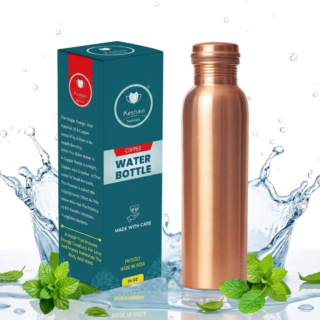 Pure Copper Water Bottle 34oz - 100% Copper Water Bottles for Drinking with Leak Proof Smooth Finish - Metal Ayurvedic Benefits Vessel for Gym, Sports, Office, Travel & Yoga