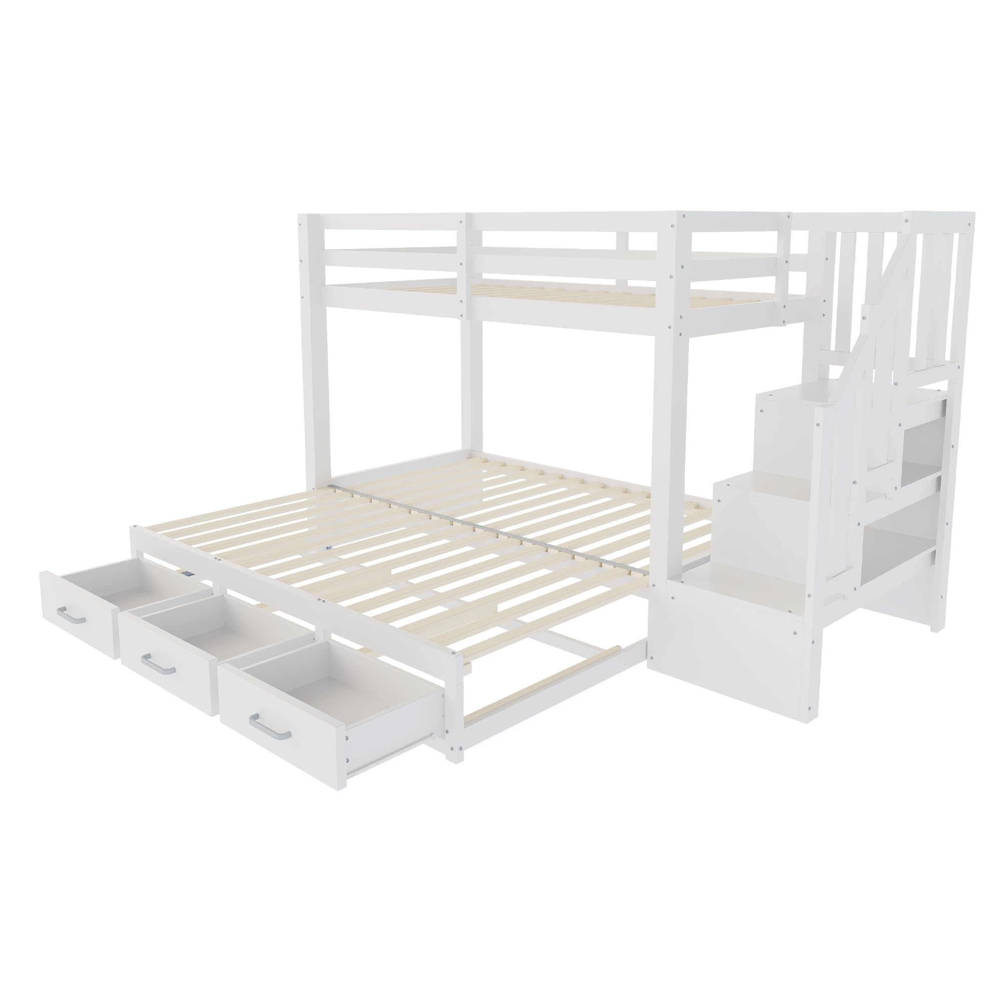 Litera de 90x200 cm con Cama Nido para 2 Personas, Cama Litera Matrimonio con 3 Cajones y Escalera Almacenaje, Cama Infantil Literas con Barandilla Anticaída y Lamas Madera, Sin Colchón, Blanco