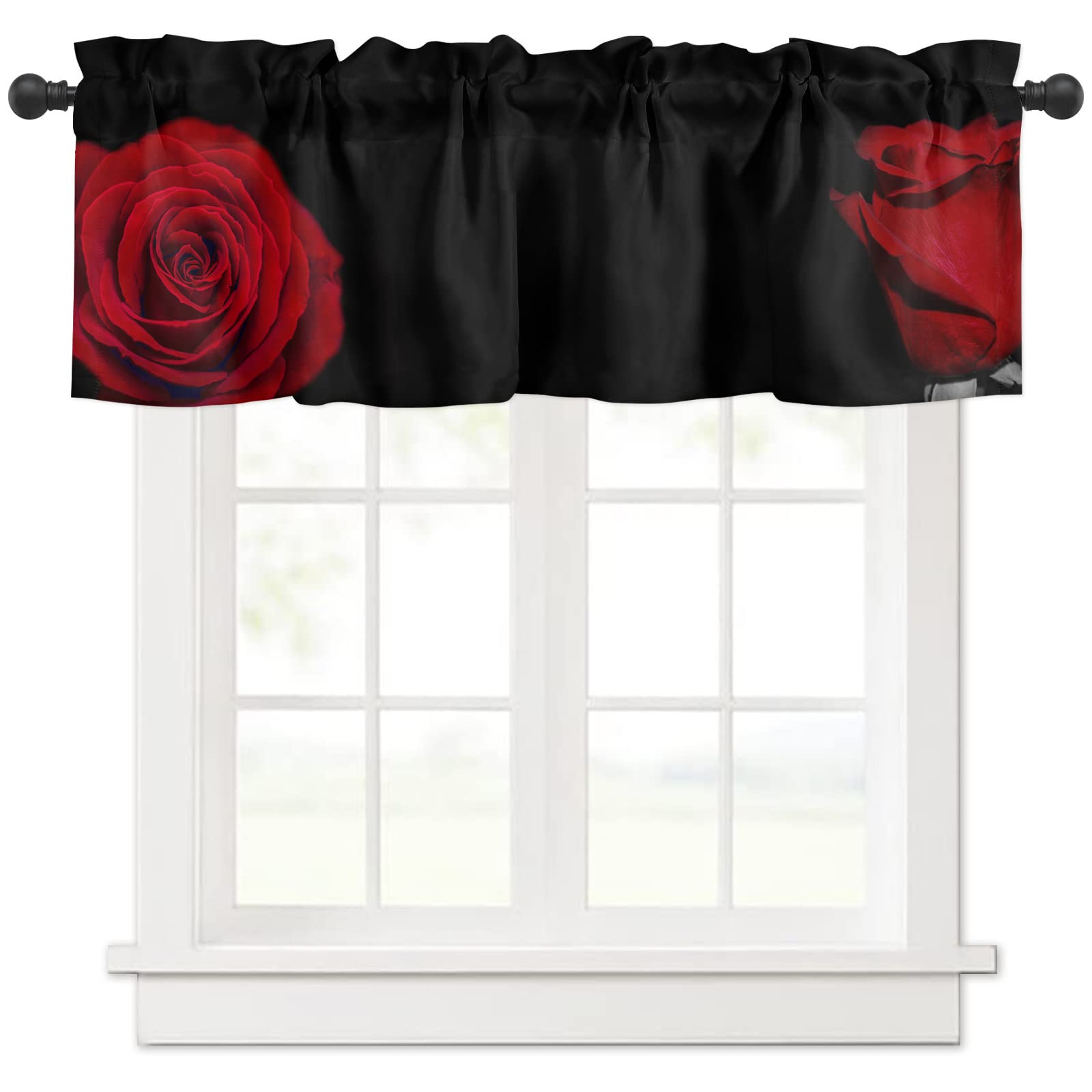 Red Rose Valances Curtain for Window Red Black Rose Kitchen Curtain Valances Rod Pocket Rose Floral Valentines Day Decor Window Treatment Short Topper Curtains for Kitchen Bathroom Living Room,54x18in