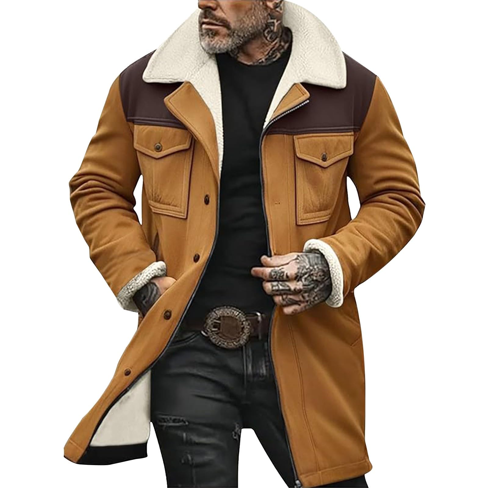 Giubbotto Invernale Uomo Giacca Vintage in Pelle Scamosciata Colletto rovesciato Giubbino Giacchetto Foderata in Pile Caldo Lavoro Cappotto Con Bottone e Tasche Manica Lunga Sherpa Termica Morbido