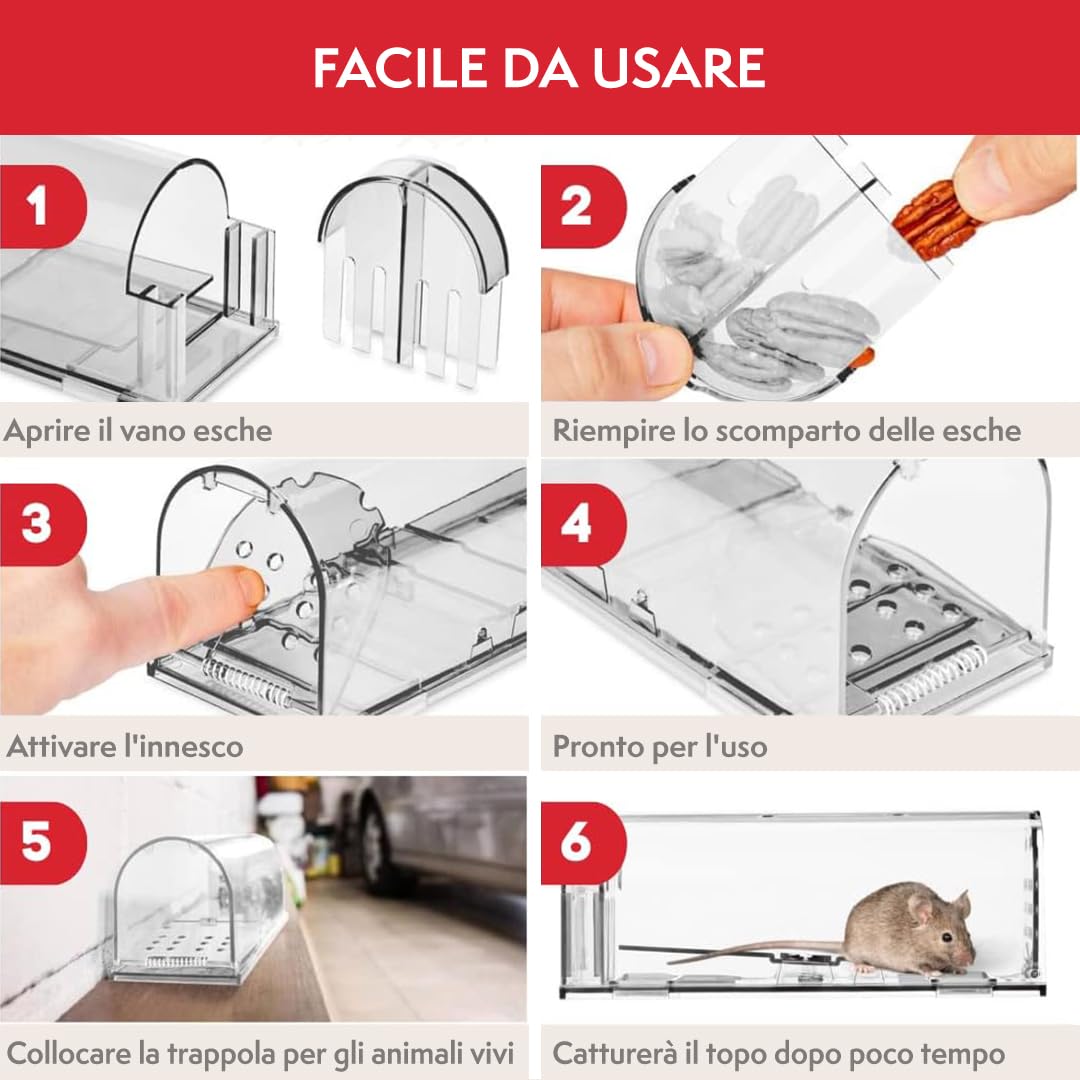 PATTLER® Trappola per Topi Vivi - Trappole per topi da Esterno e Interno - Trappole topi utilizzabili con esche per topi di vario genere - Trappola per Topi Grandi e Piccoli topi - Transparente 1 Pz