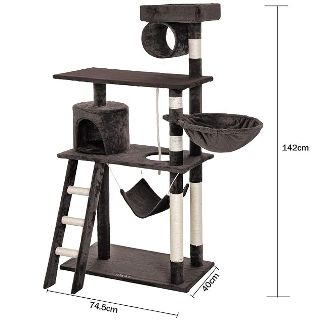Foto 7 de 7 de BAKAJI Árbol rascador para Gatos de sisal y Felpa, Parque de Juegos para Gato, con caseta Colgante, escondite