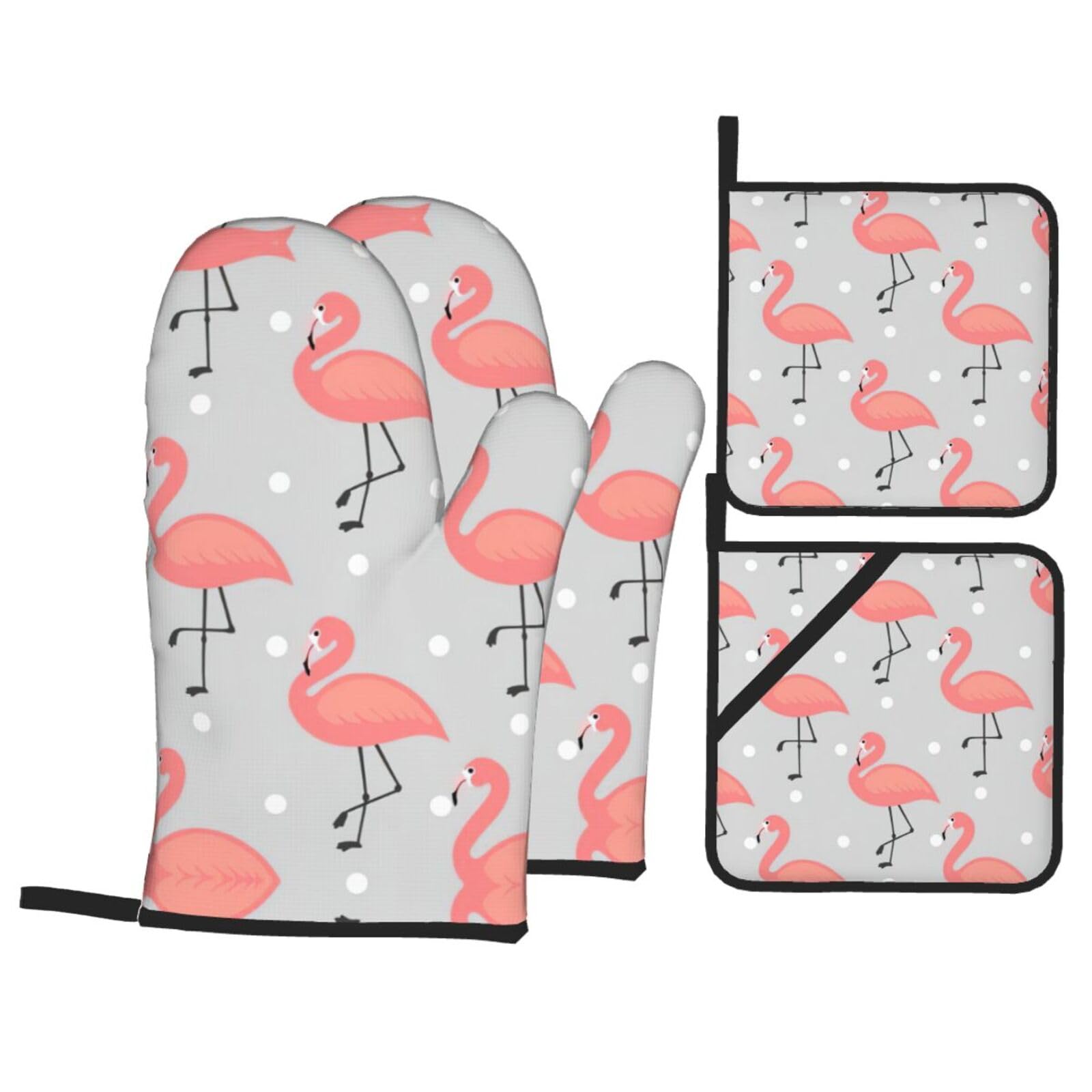 Flamingo Print Stylish 4-Piece Microwaving Oven Waterproof Kitchen Gloves Baking Holiday Cooking