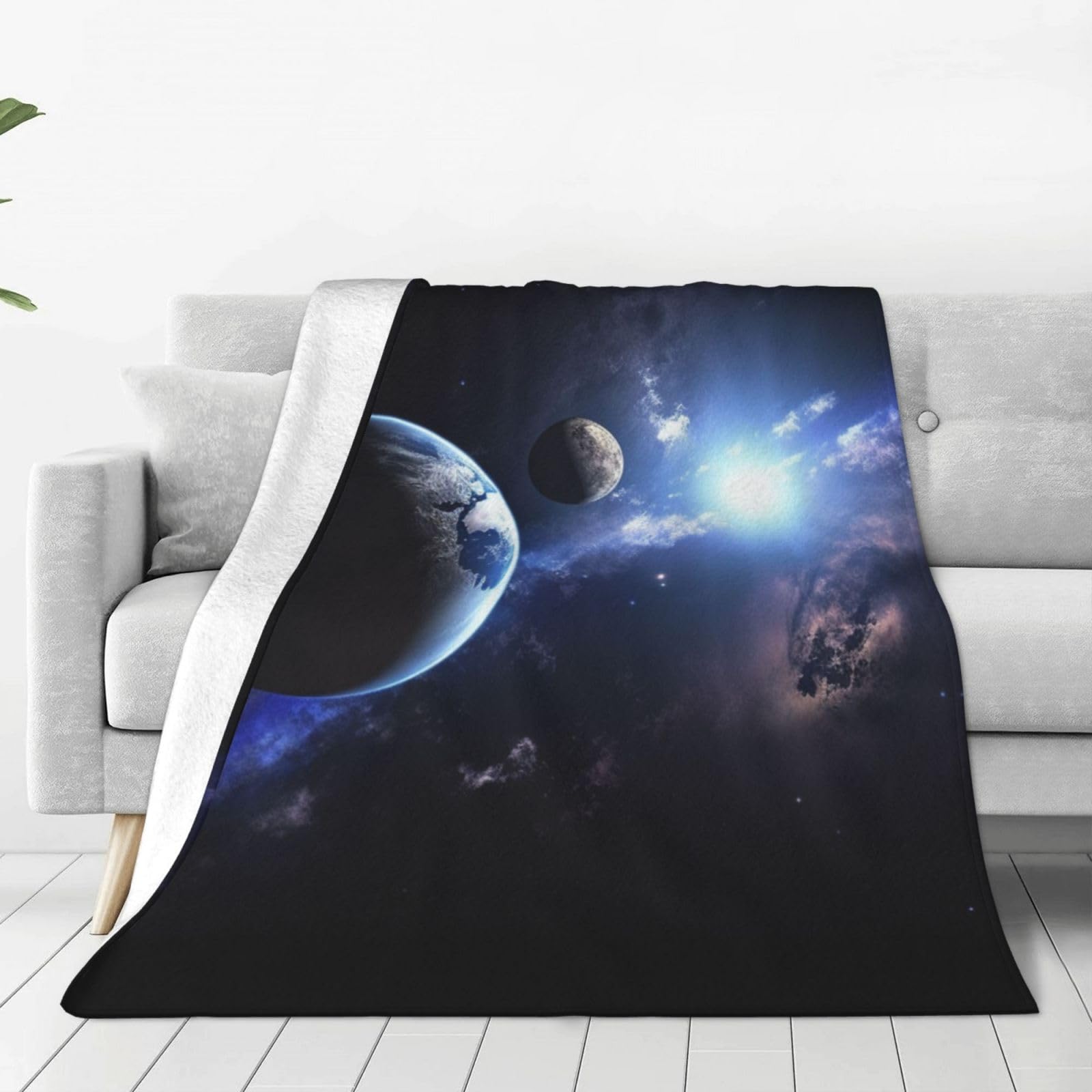 Couverture micro polaire ultra douce motif terre et lune haut de gamme