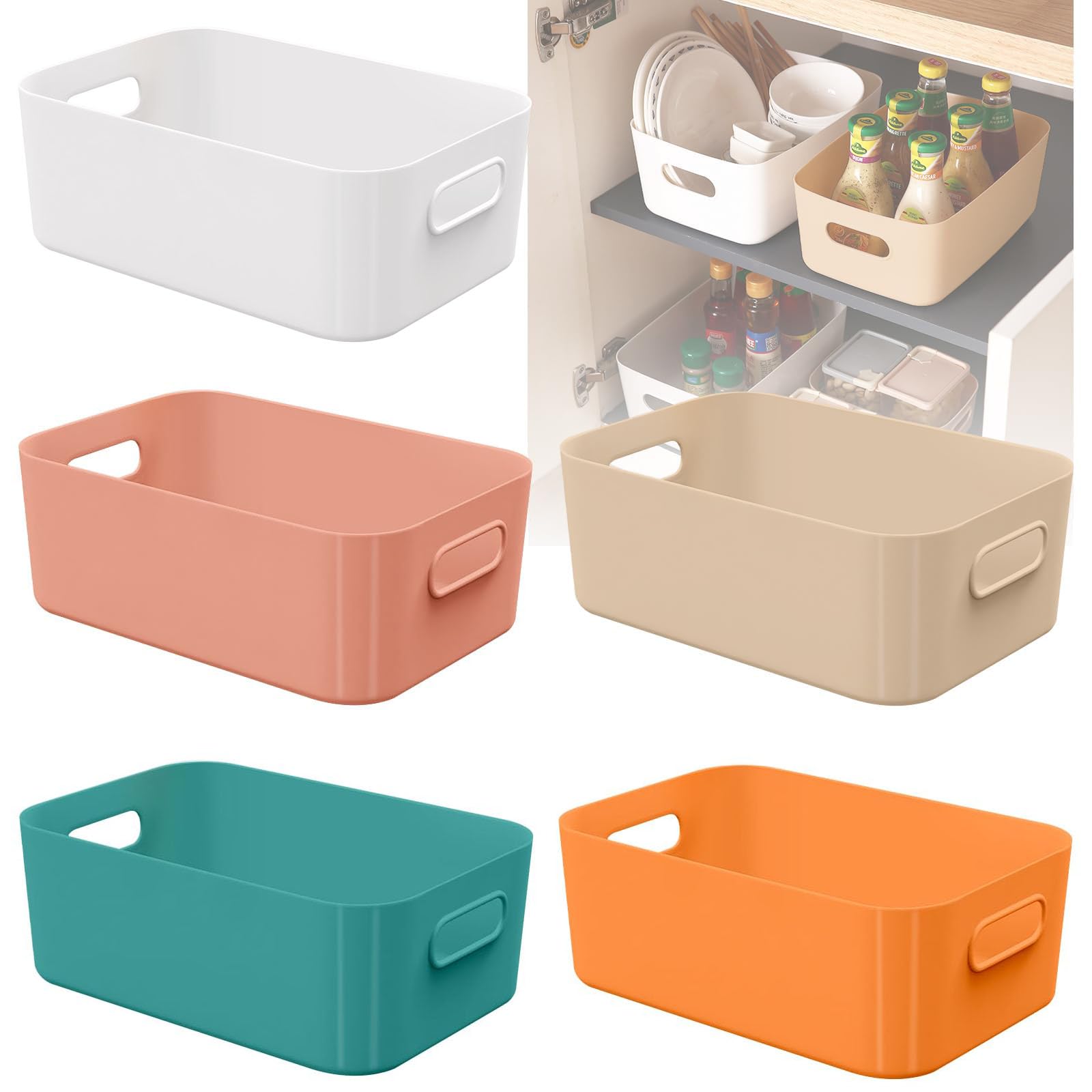 W&H5 PCS Plastic Storage Boxes, Small Storage Baskets with Handle, Kitchen Cupboard Organiser, Plastic Baskets for Bathroom, Drawer, Shelves - 21×14×7cm (Colorful)