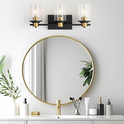 Miniatura 8 de LOUSACE Accesorios de iluminación de baño negro y dorado de 3 luces para tocador de baño con pantallas de vidrio transparente, accesorios de