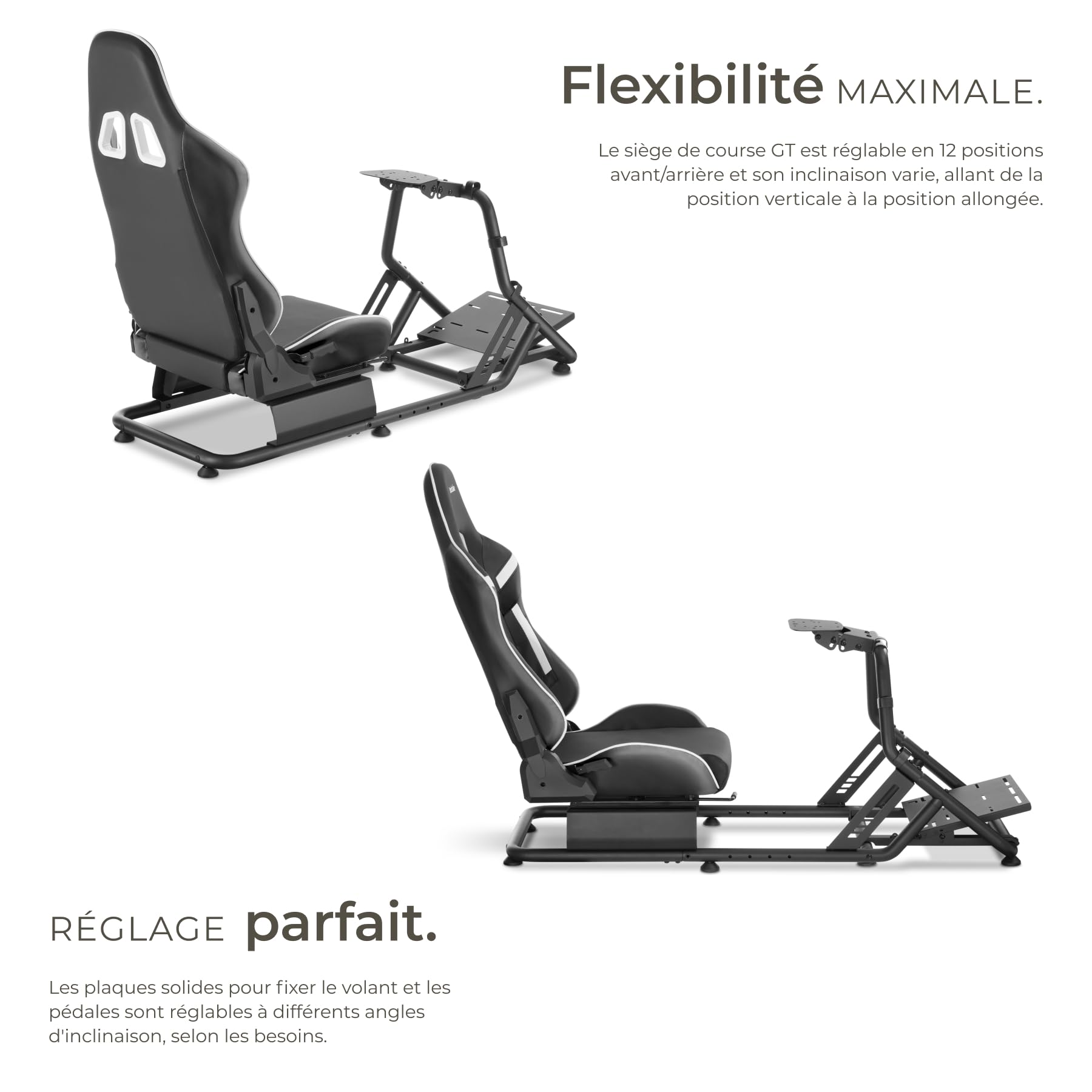 tectake® Fauteuil gaming Simulateur de conduite, 57x144x108,5 cm, Chaise Gaming baquet GT, Nombreux Réglages, Support Volant et Pédalier, Cockpit Simracing pour Volant Logitech, Thrustmaster, Fanatec