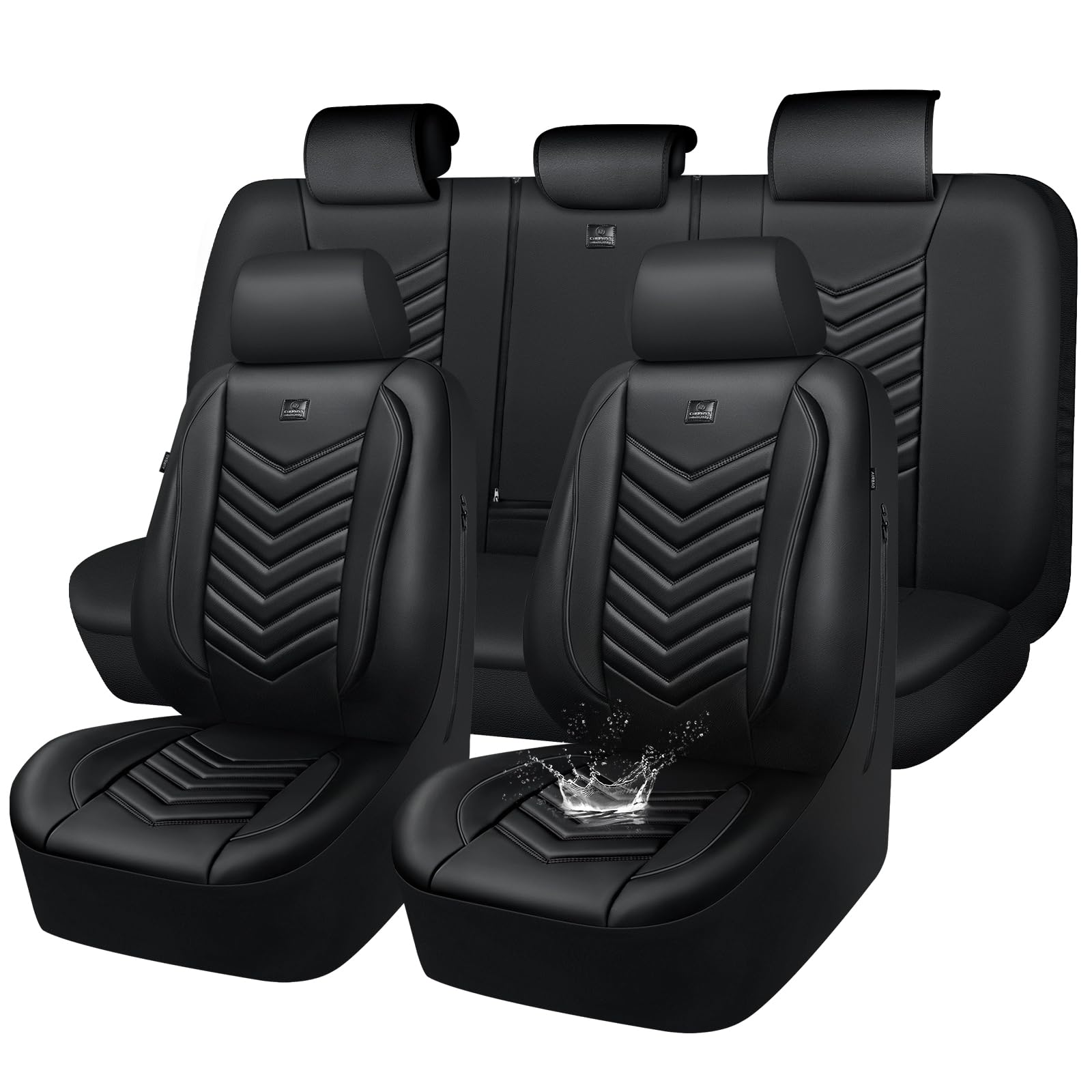 CAR PASS 3D Foam Faux Leather Seat Covers Full Set,Waterproof Leather Seat Cover for Cars,Luxury Universal Fit for SUV Truck Sedan Automotive, Armrest Airbag Compatible Anti-Slip, All Black