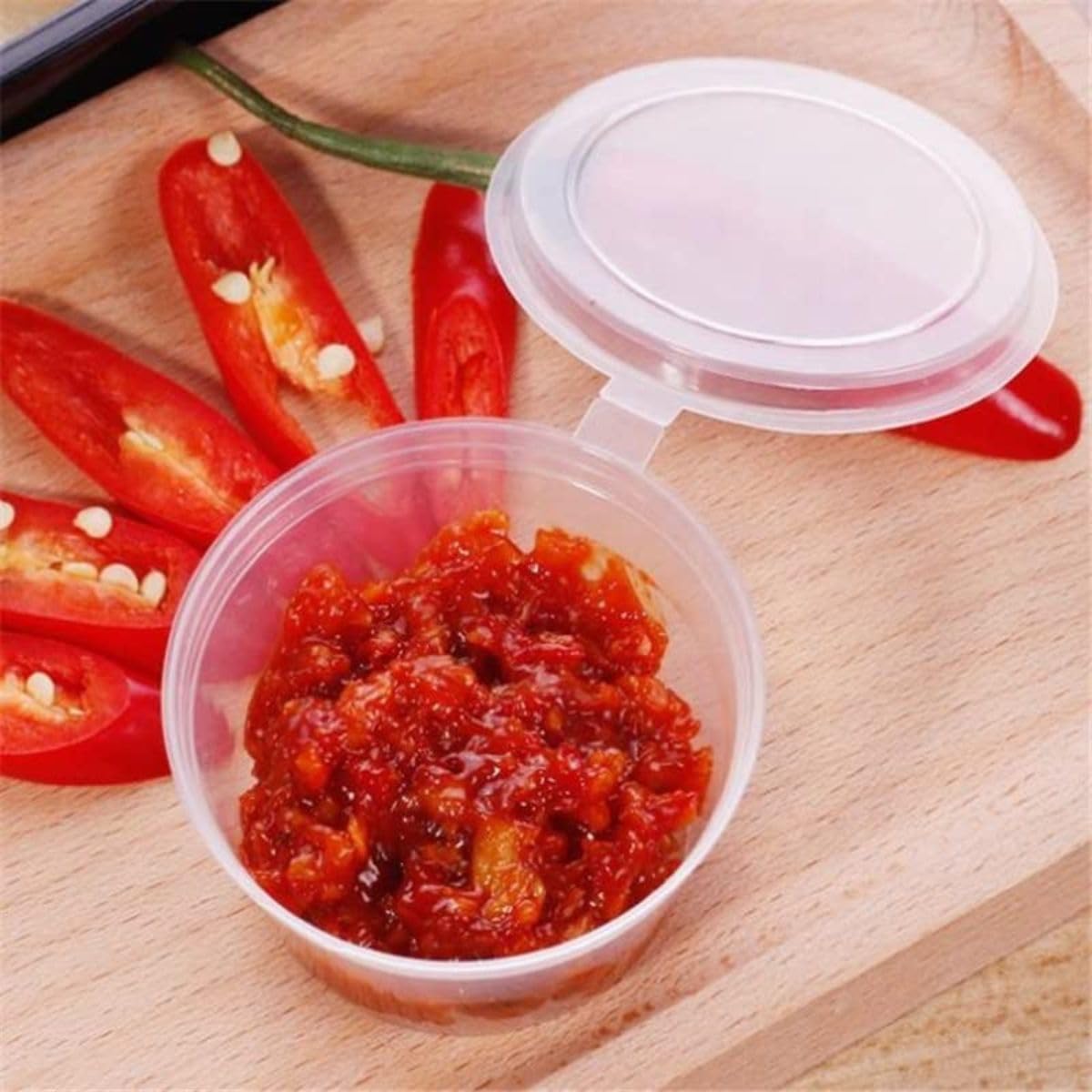 HOT BARGAINS 100 Pack 2oz/60ml Hinged Sauce Pots Clear Round Plastic Containers with Lids