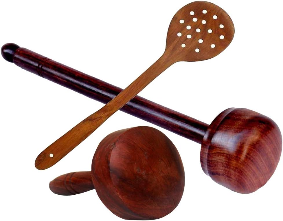 Wooden Ghotna Hand Blender Mixer (Dal/Saag/Lassi) & Kitchen Spoon Utensil/Wooden Hand Press Masher for Kitchen Use (Set of 3) (Option-B)