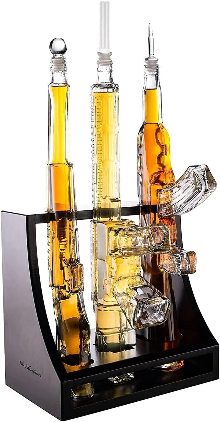 3 Gun Whiskey Decanters Set & Rifle 1000ml - The Wine Savant - Pistol Rack Display, Patriotic Barware, Veteran Gifts, Man Cave Decor, Military Gifts, Whiskey Decanter Set Crystal Clear Glass AR15 AK47