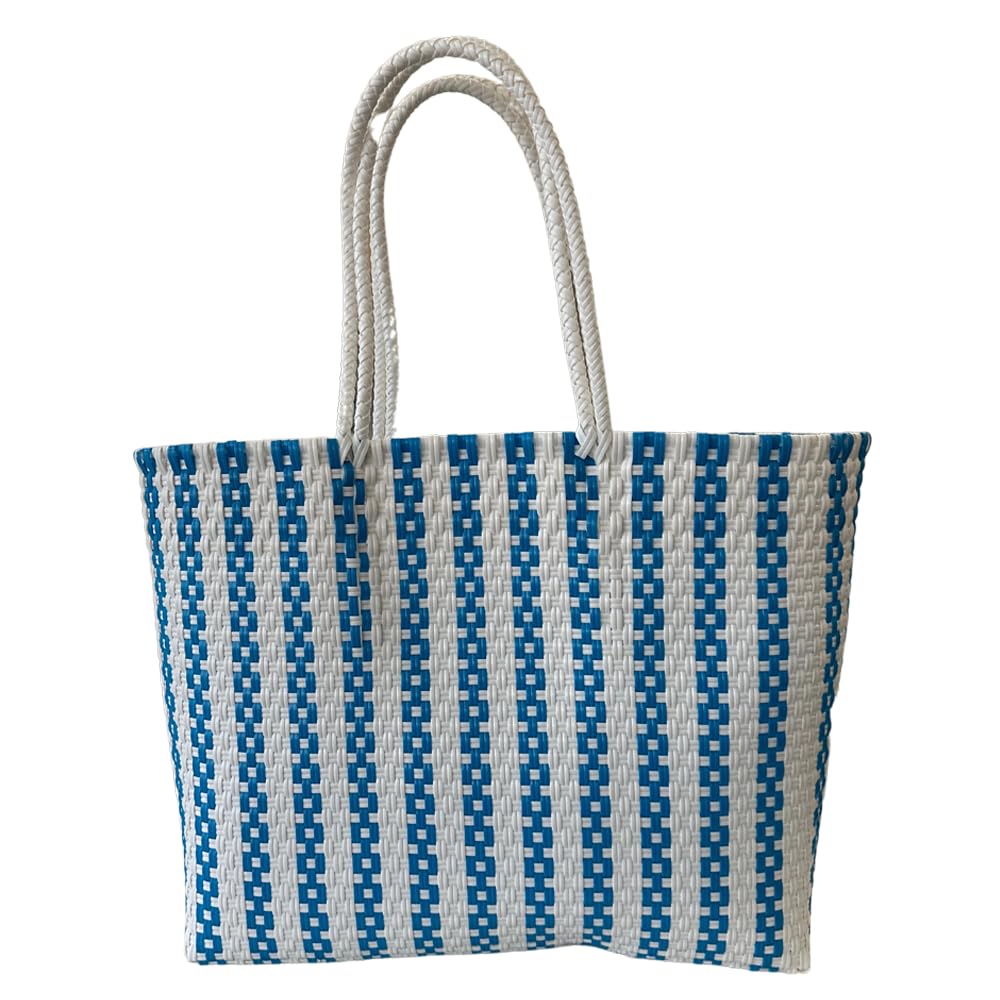 Dallas Hill Designs Handwoven Super Tote Bag for Women | Recycled Plastic Shoulder Purse | Summer Beach, Pool, and Travel Handbag (Navy & White)