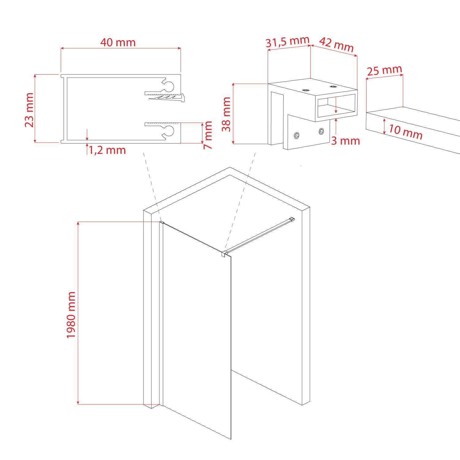 Parete doccia 140 CM in vetro trasparente 8mm mod. Walk in Lato H198