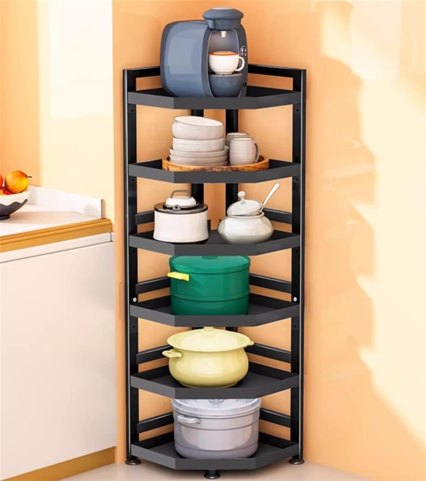 Scaffale ad Angolo, Scaffale Angolare A 6 Ripiani In Acciaio Al Carbonio Per Pentole Da Cucina, Supporto Per Cucina, Bagno, Soggiorno Scaffale Multiuso Portavasi