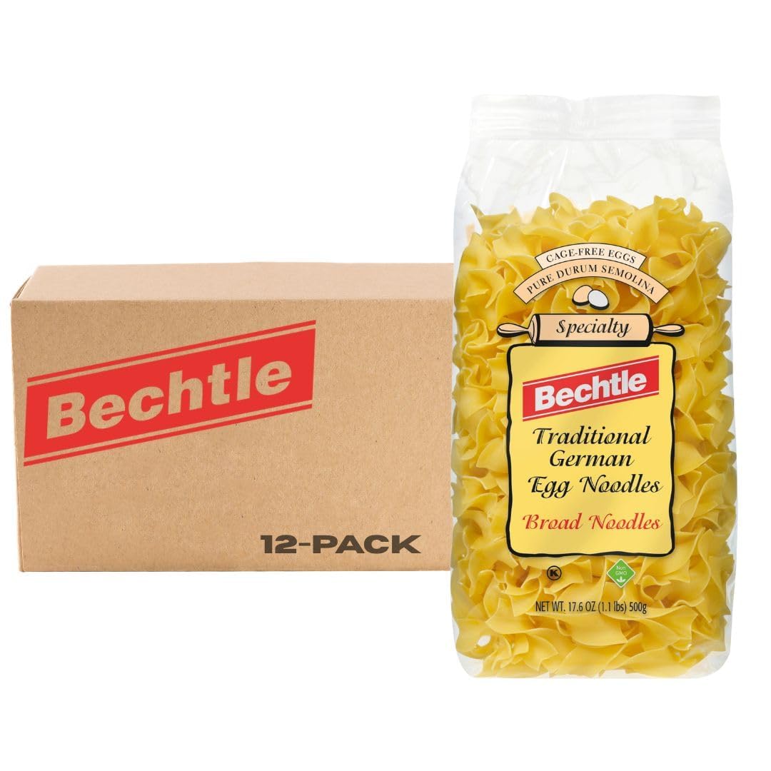 Bechtle Traditional German Egg Noodles - Broad Pasta Made with Cage-Free Eggs & Durum Wheat Semolina. Wide Stroganoff or Casserole Noodles, Imported from Germany, Non-GMO, Kosher (17.6oz, Pack of 12)