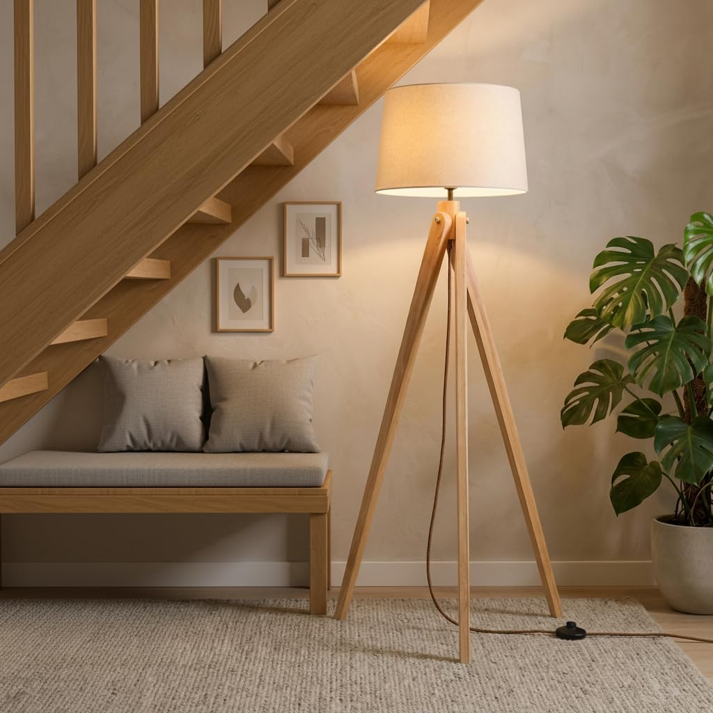 BARCELONA LED NASHUA Stehlampe mit Holzstativ und weißem Stoffschirm – Skandinavische nordische Stehleuchte mit E27 Fassung, minimalistisches Design für Wohnzimmer, Schlafzimmer