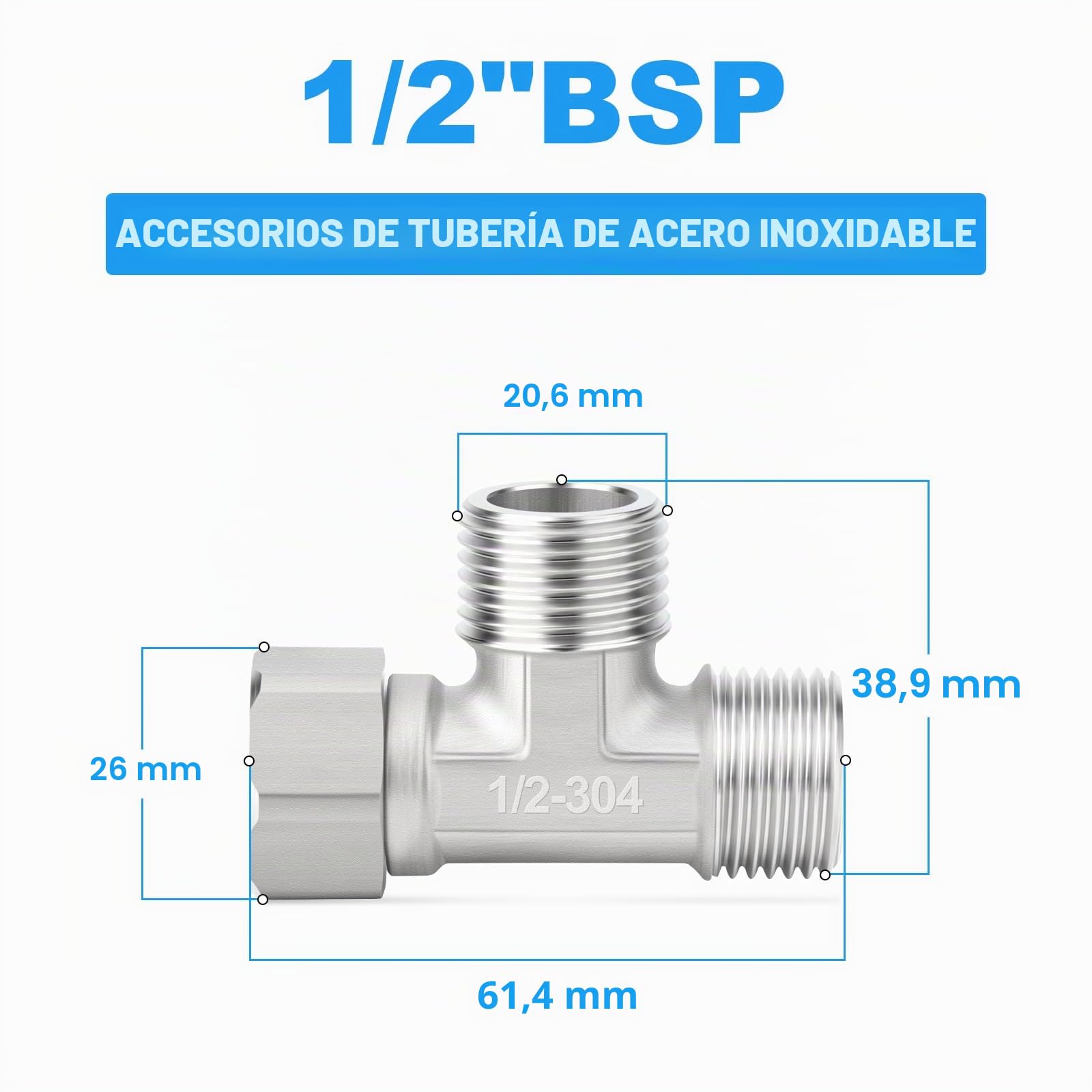 Conector en T flexible 3 vías acero inoxidable 304 1/2" macho BSP tuerca de unión para rociador