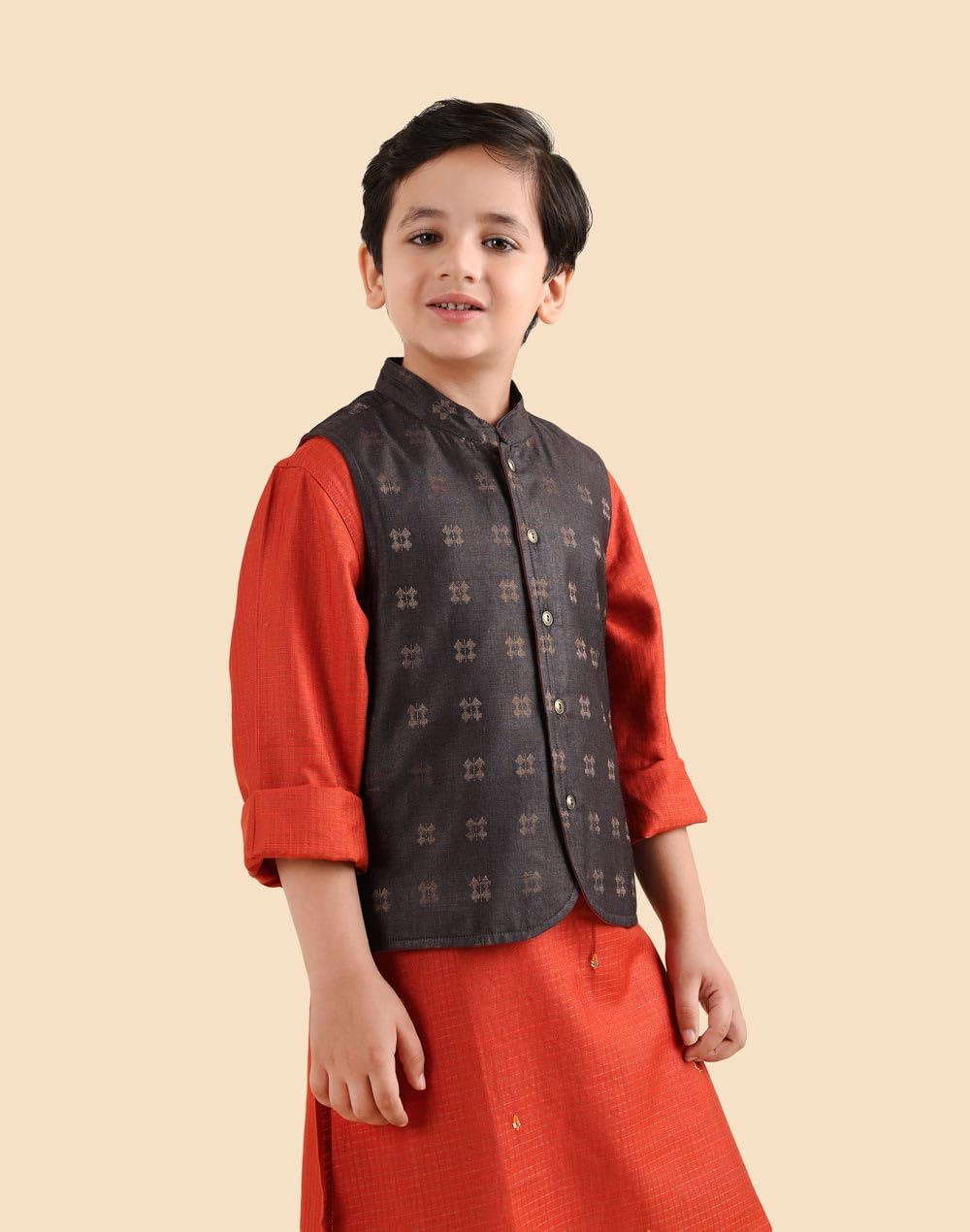 Fabindia Boys Charcoal Woven Design Silk Blend Nehru Jacket 1