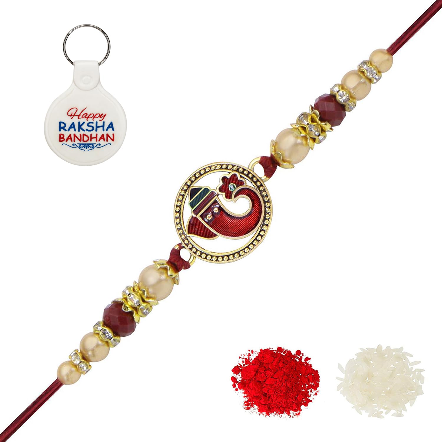 Religious Gold Plated Meenakari Sacred Ganesha Rakhi with Roli Chawal and One Happy Raksha Bandhan Keychain-image-6