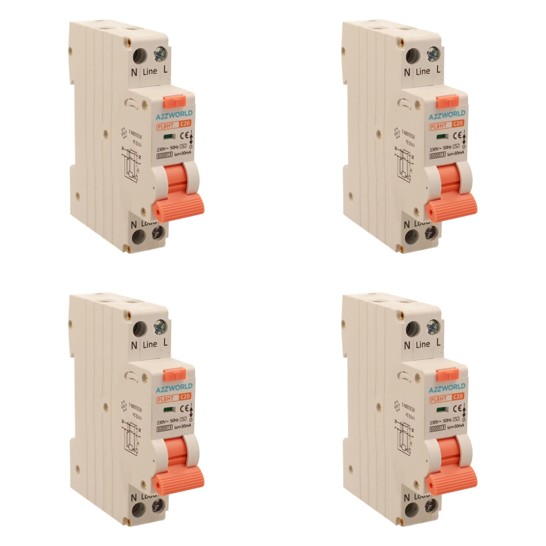 Lot de 4 interrupteurs magnétothermique différentiel, RCBO 1P+N C20 20 A, type AC courbe C 30 mA 6000 A, protection de courant fin à 1 module DIN, 2 pôles, 220 V
