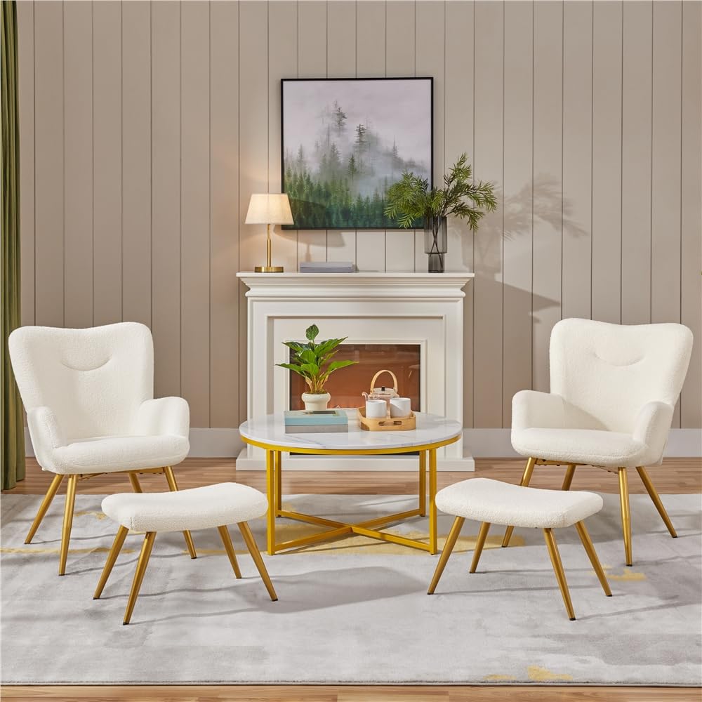 Yaheetech Sessel Ohrensessel mit Hocker aus Boucle-Gewebe, Relaxsessel mit Fußstütze, Loungesessel mit Klappbarer Rückenlehne, Fernsehsessel für Wohnzimmer/Schlafzimmer Elfenbein