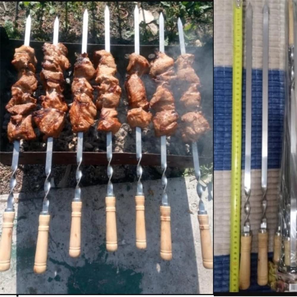SePkus 6 Pezzi 55 cm spiedini per Barbecue Manico Lungo Shish Kebab Barbecue Grill bastoni Barbecue in Legno forchetta griglia Esterna in Acciaio Inossidabile Sacchetti per Aghi