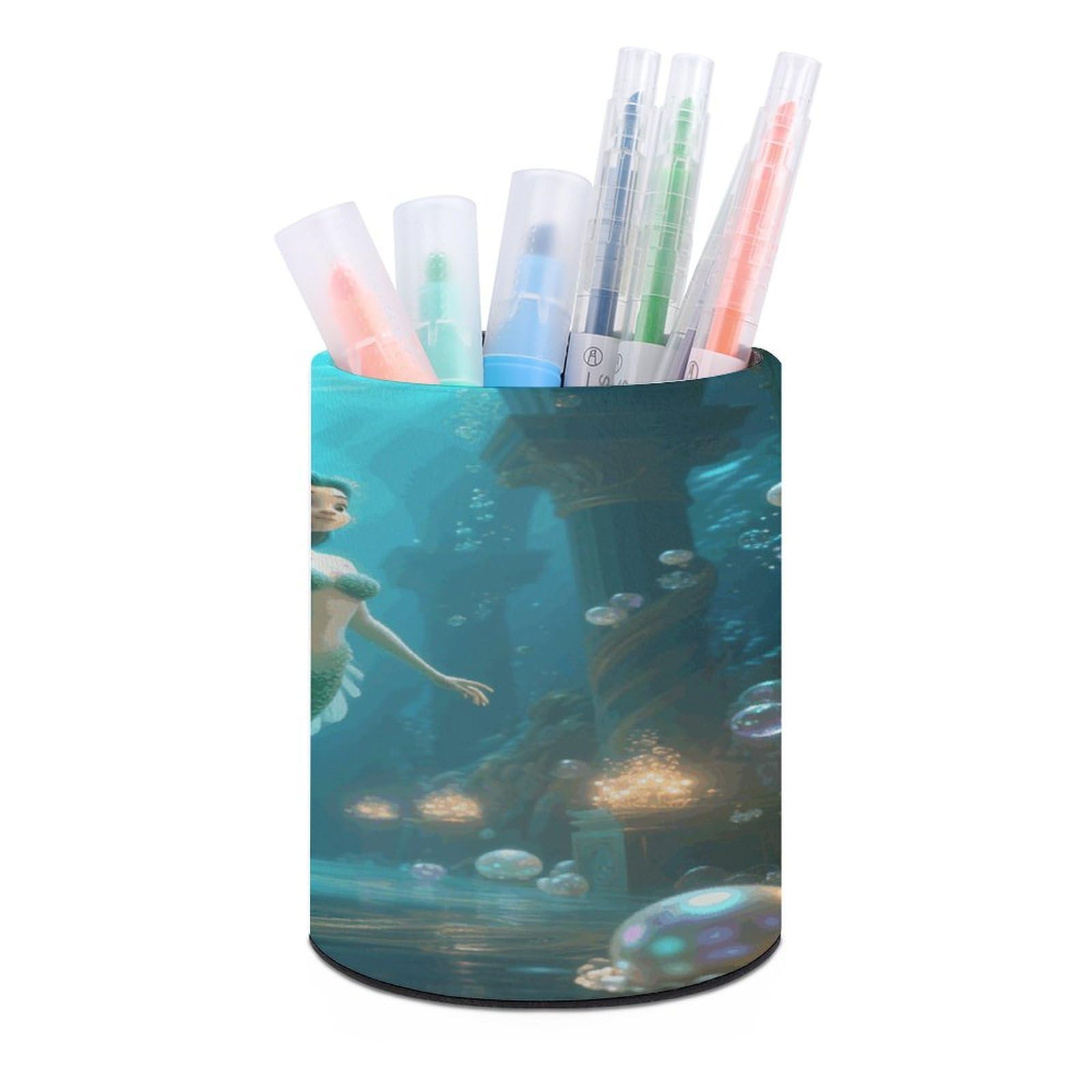 VstaDank Mermaid in Underwater Palace Pen Holder Round Pencil Holder Cup Pen Container PU Leather Desk Organizer Stand Decor Brush Scissor Holders Decoration Office Desk Home (3.1 X 3.9 Inches)