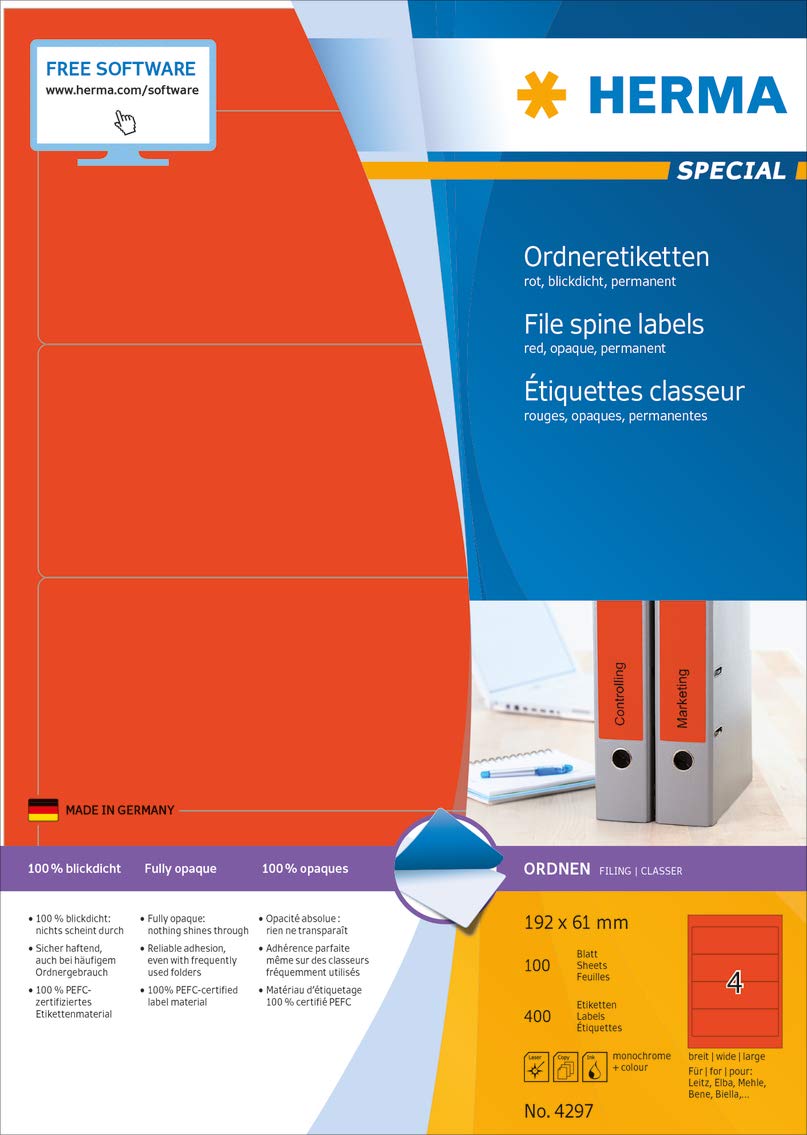 HERMA Rückenschild, selbstklebend, breit/kurz, 61 x 192 mm, rot (400 Stück), Sie erhalten 1 Packung á 400 Stück