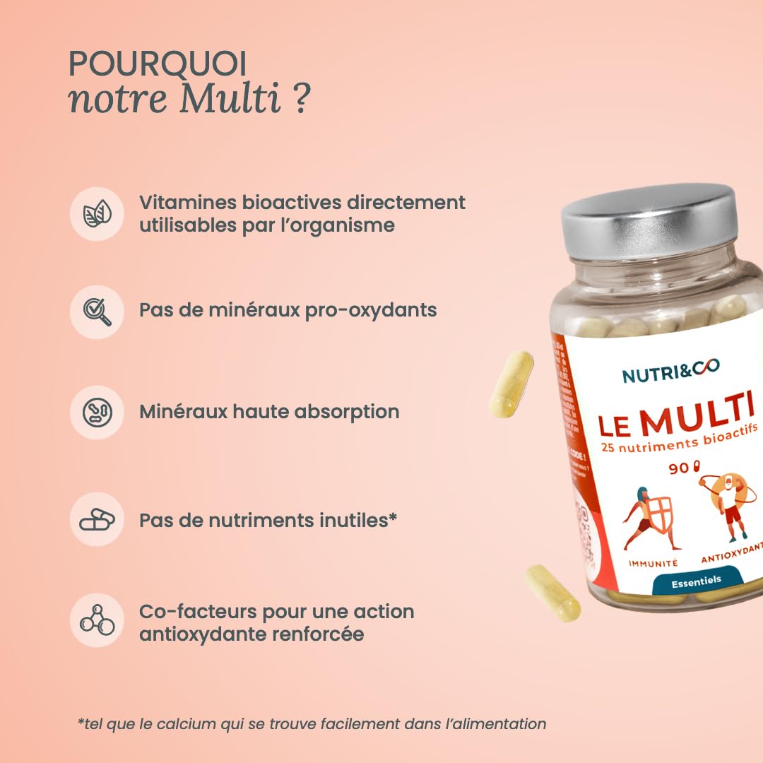 NUTRI & CO Multivitamines et Minéraux 25 Nutriments - Vitamines A B C D3 E K2 + Minéraux dont Magnésium et Zinc - Haute Absorption - 90 Gélules Vegan Friendly Conditionné en France