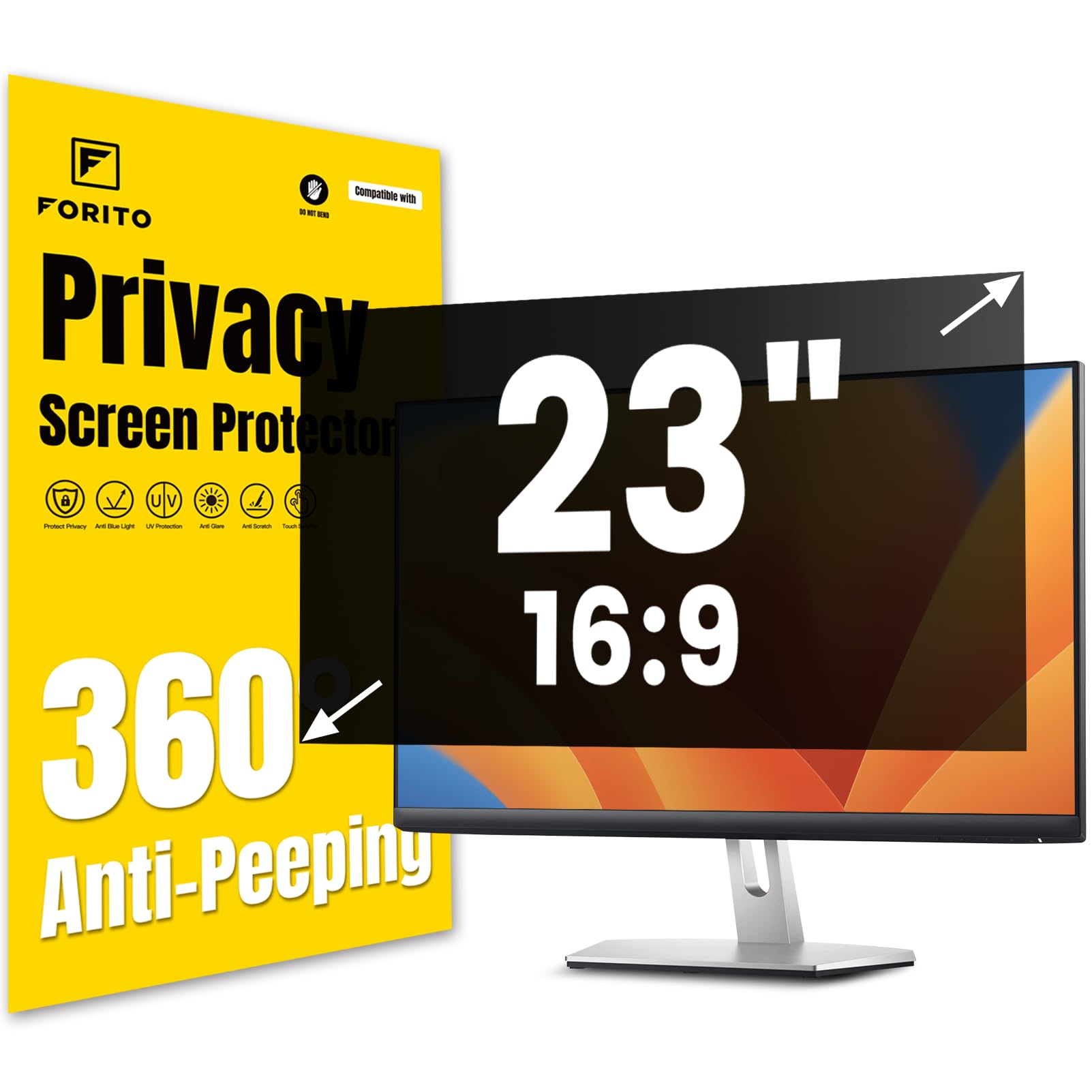 F FORITO 23 Inch 16:9 360°Privacy Screen Protector for Computer Monitor, Removable Eye Protection Anti Blue Light Anti Glare Computer Screen Privacy Shield for 23" Widescreen Monitors
