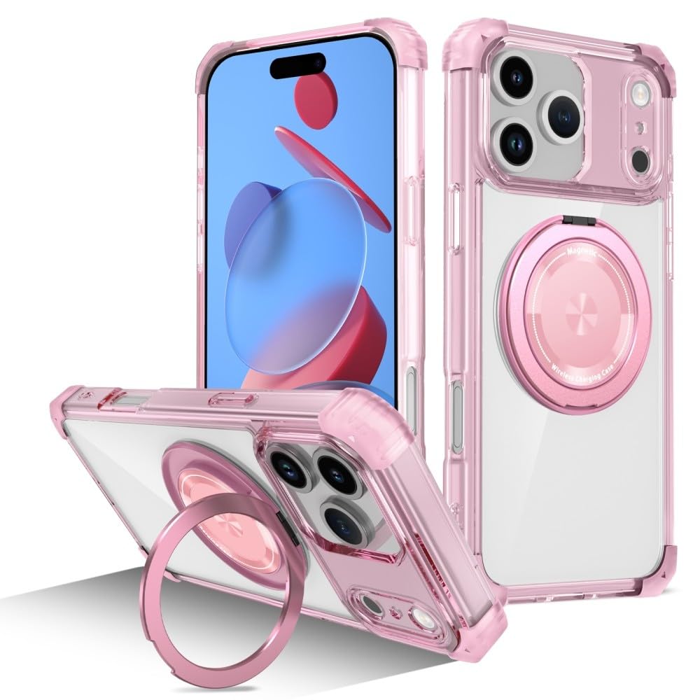 Generic Custodia compatibile con iPhone 17 (colore: rosa) Custodia posteriore rigida in silicone antiurto con anello girevole