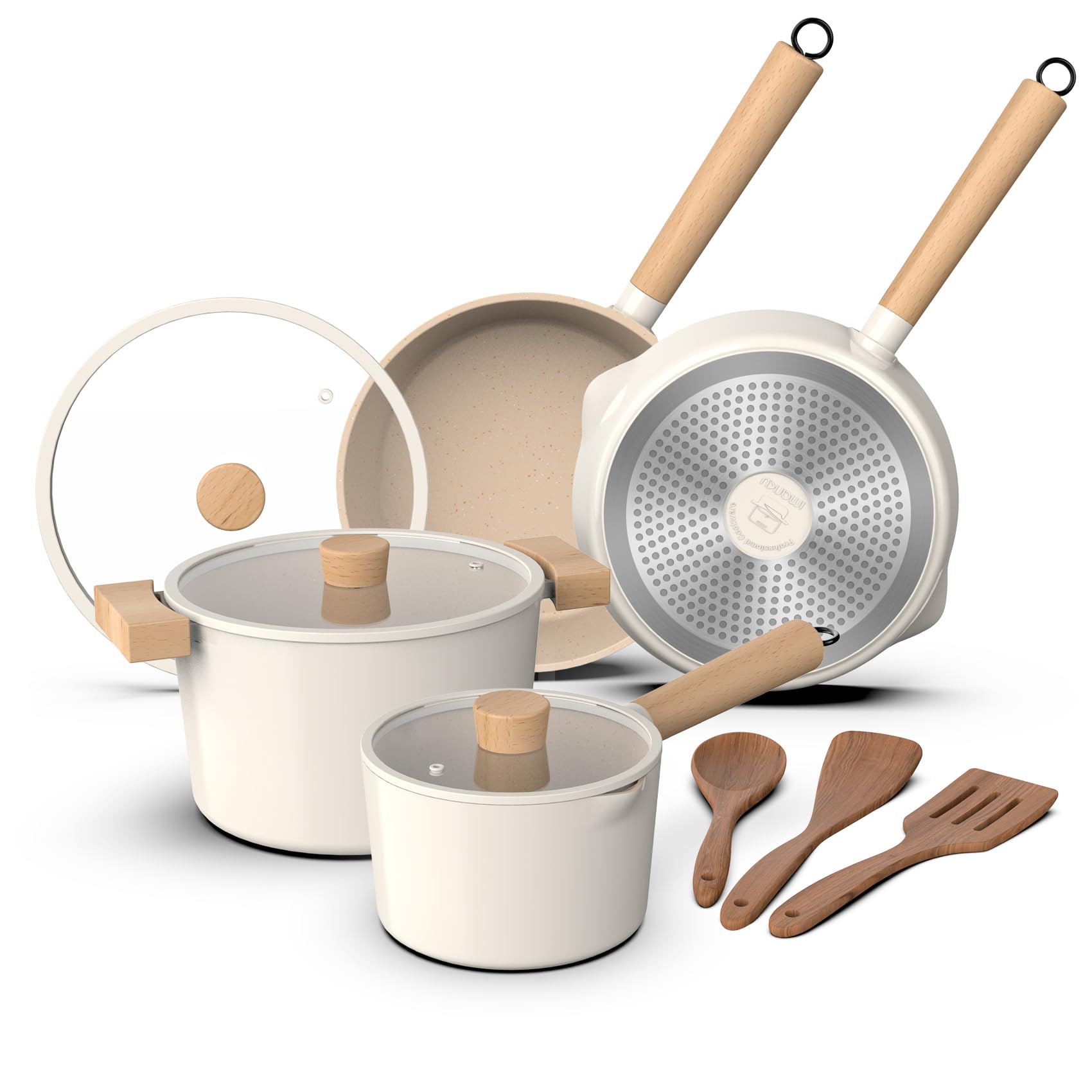 imarkuPots and Pans Set Non Stick, 10 Pcs Granite Cookware Set, Removable Handle Pots and Pans, PFOA Free, Oven Safe Pan, Cream, Birthday Gifts for Women Men