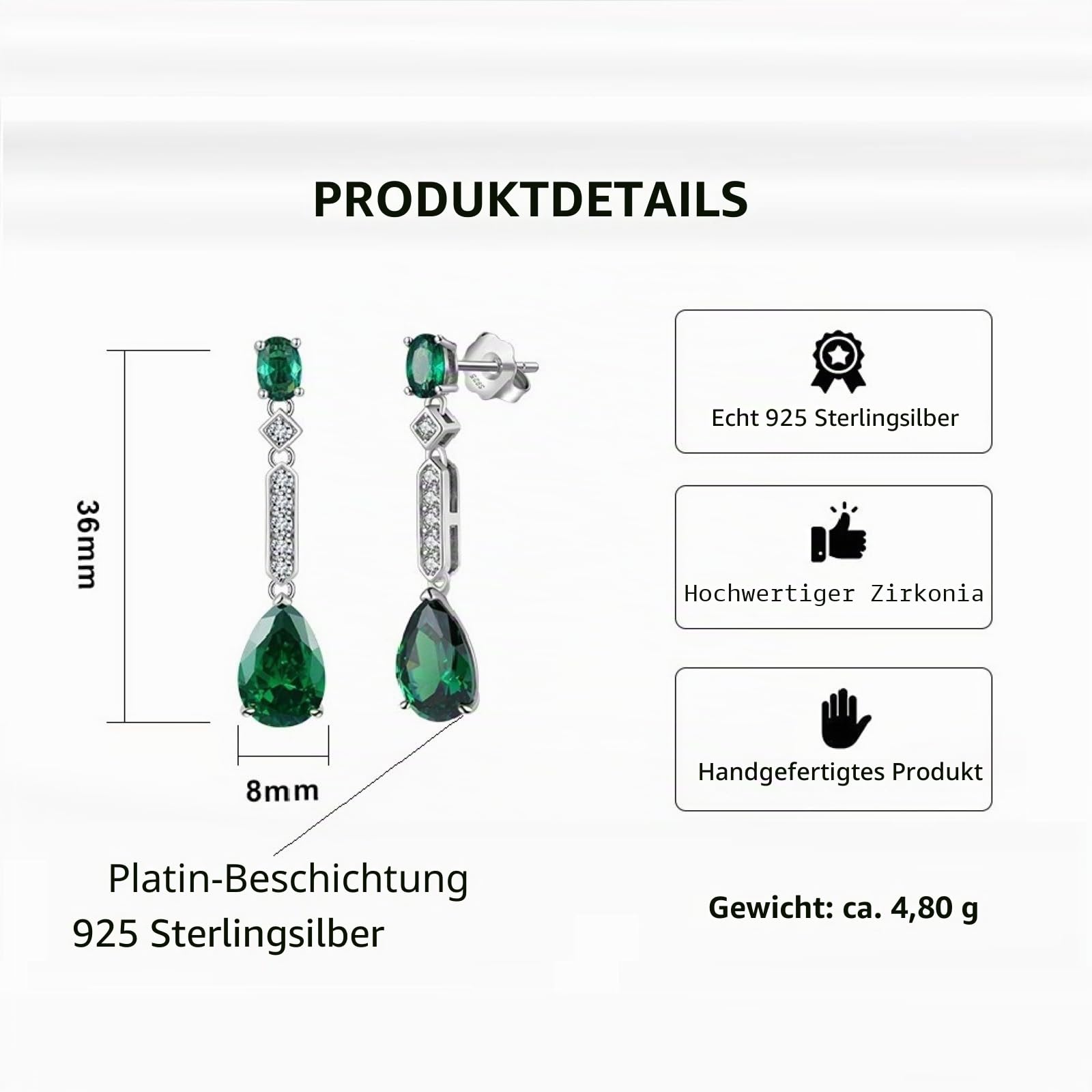 Damen Ohrhänger 925 Sterling Silber Tropfen Ohrringe mit Smaragd und Zirkonia Kristalle für Damen und Mädchen