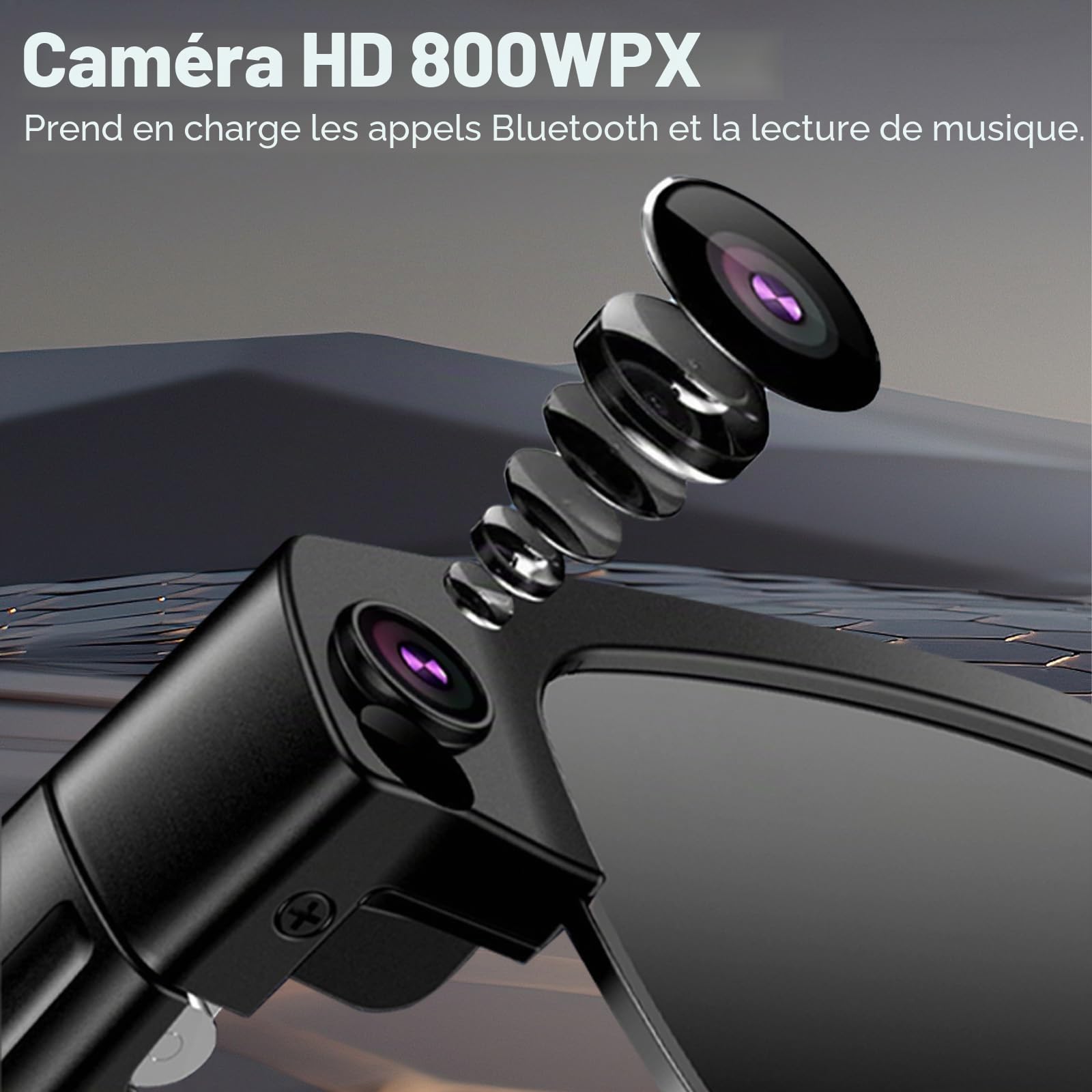 AI Smart Glasses Caméra HD 4K 800 W Lunettes anti-tremblement avec enregistrement vidéo, double microphones avec réduction du bruit, traduction simultanée, intégration ChatGPT (lentilles