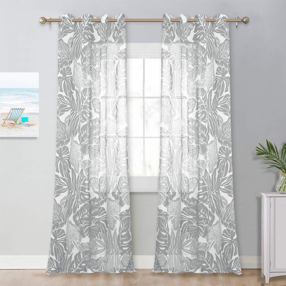 NICETOWN Leaf Print Sheer Curtains - Semi Transparent Grommet Top Faux Linen Draperies Southeast Asian Style Window Panels for Glass & Patio Door (Grey Palms, 52" Wide x 95" Long, 1 Pair)