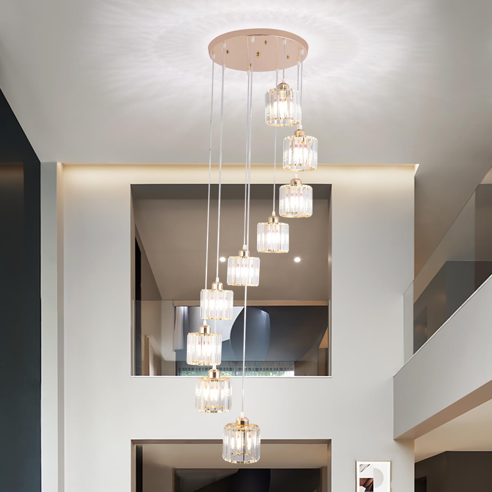 Hohe Decken Lange Kronleuchter Moderne Kristall-Pendelleuchte Raindrop Drop Lampe Hängende Kronleuchter Deckeneinbauleuchten für Treppenhaus, Foyer, Eingangsbereich Gold 9 Leuchten