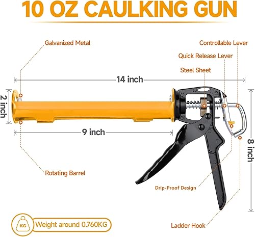 Miniatura 3 de Pistola de calafatear, pistola de calafateo manual ajustable con regulación sin goteo, pistola de silicona selladora para tubos de calafateo de 10